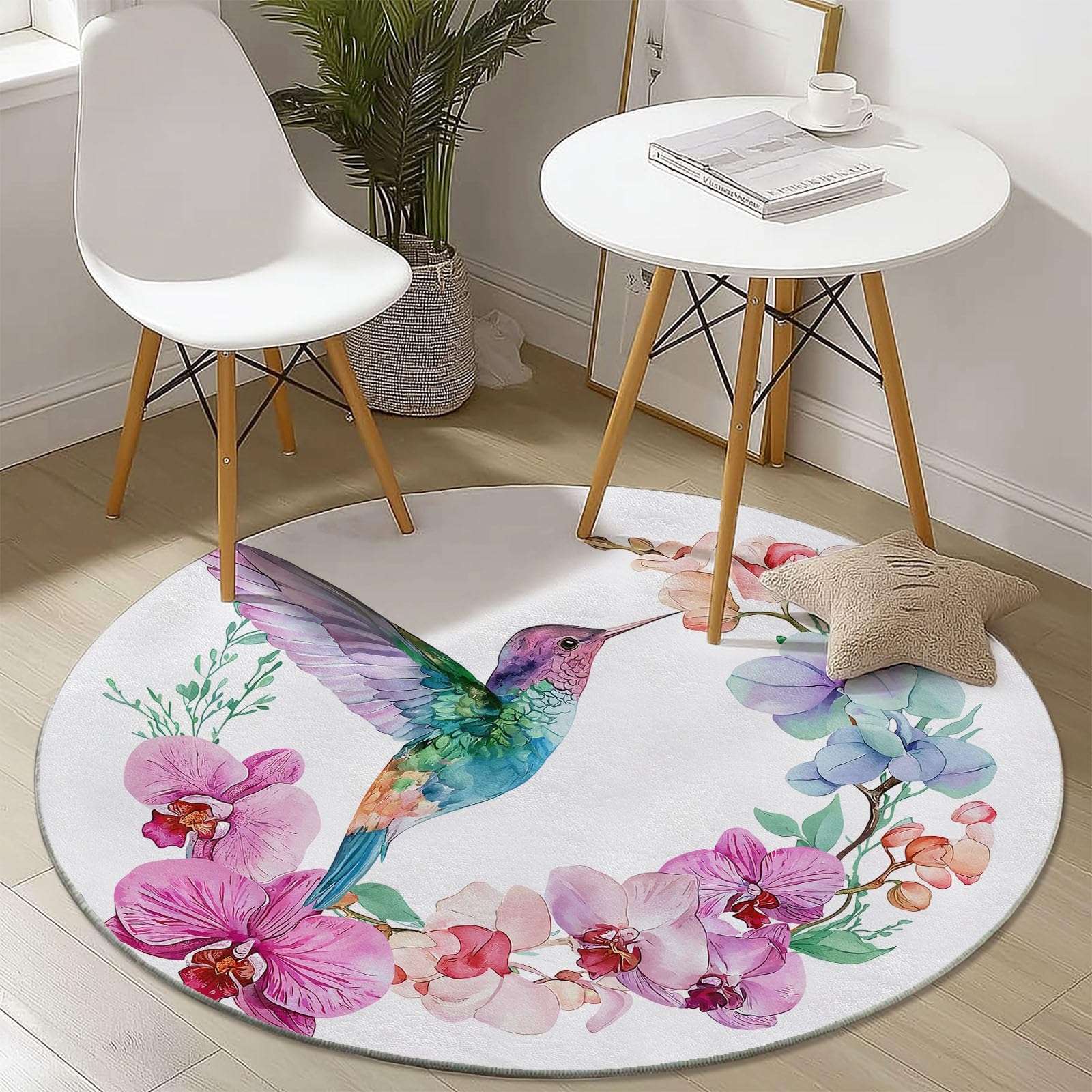 Generisch Aquarell Kolibri Orchidee Runder Teppich Wohnzimmer, Weiß Style Schlafzimmer Dekoration Teppich Teenager Männer Gaming Zone Rugs Mat rutschfest Washable, 120 cm