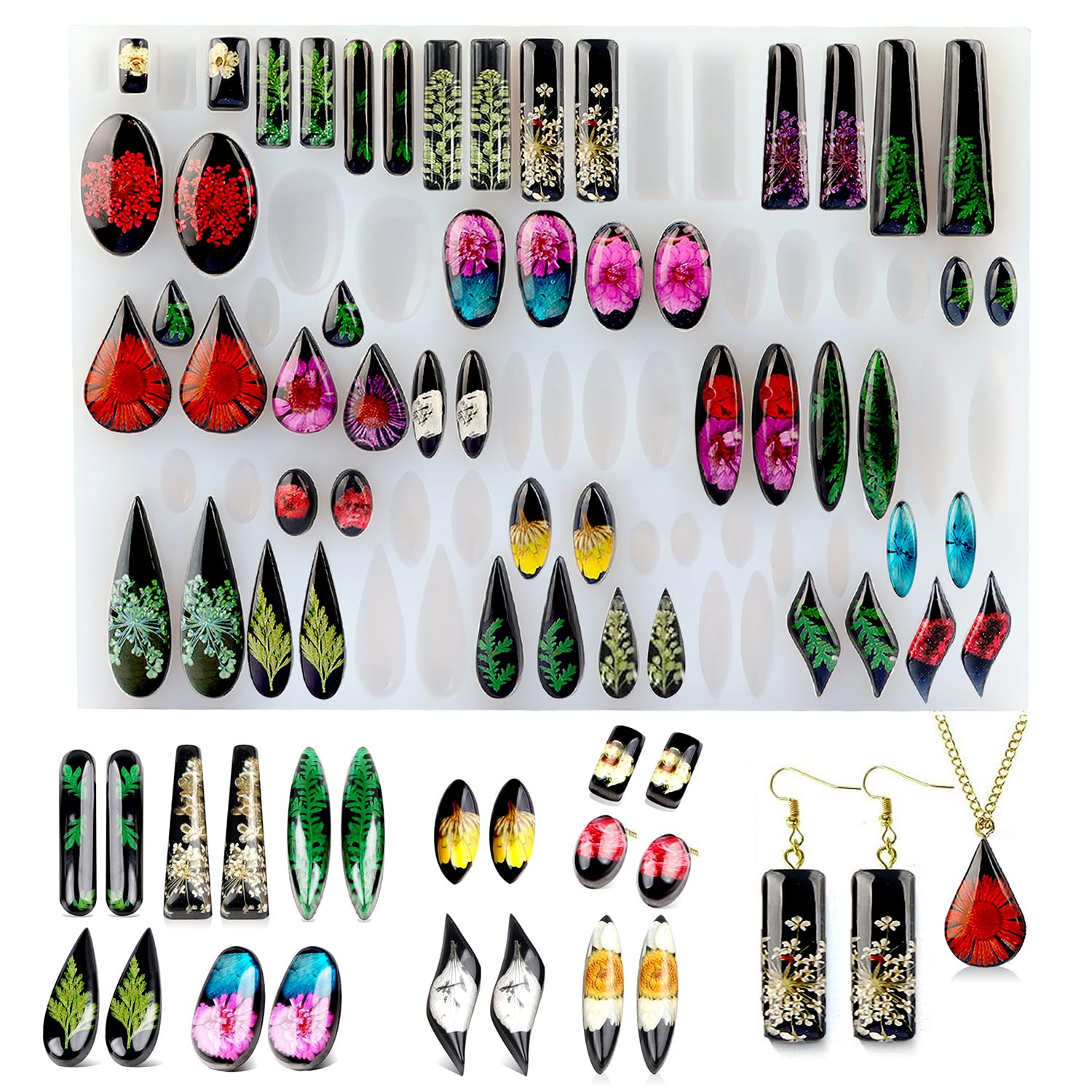 SHOSKY 82-Cavity Resin Earring & Necklace Mold - Round Tear Drop Shape UV Resin Casting Molds