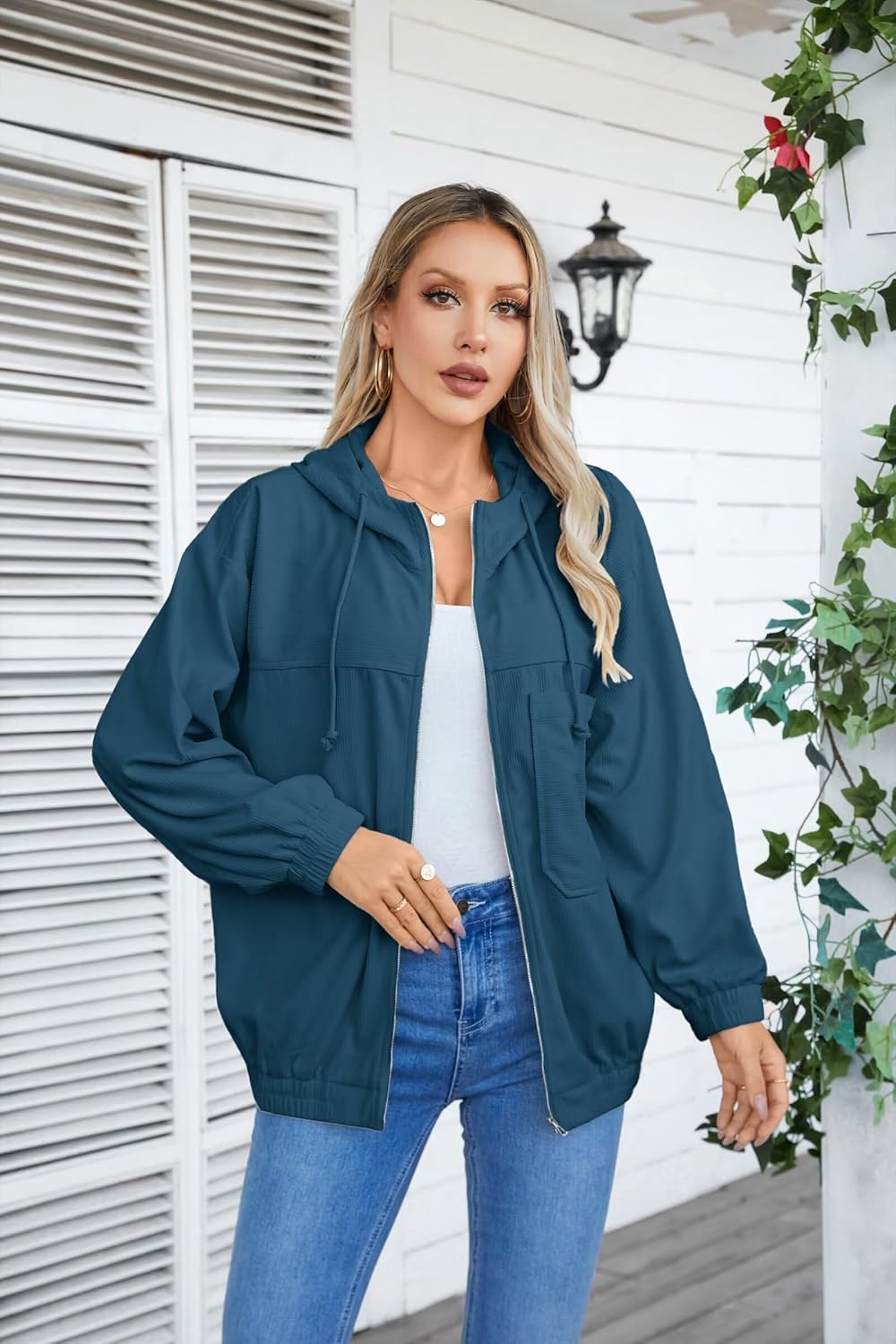 VICHYIE Corduroy Drawstring Hooded Pocket Zip Up Jacket Loose Shacket Coat - Image 3