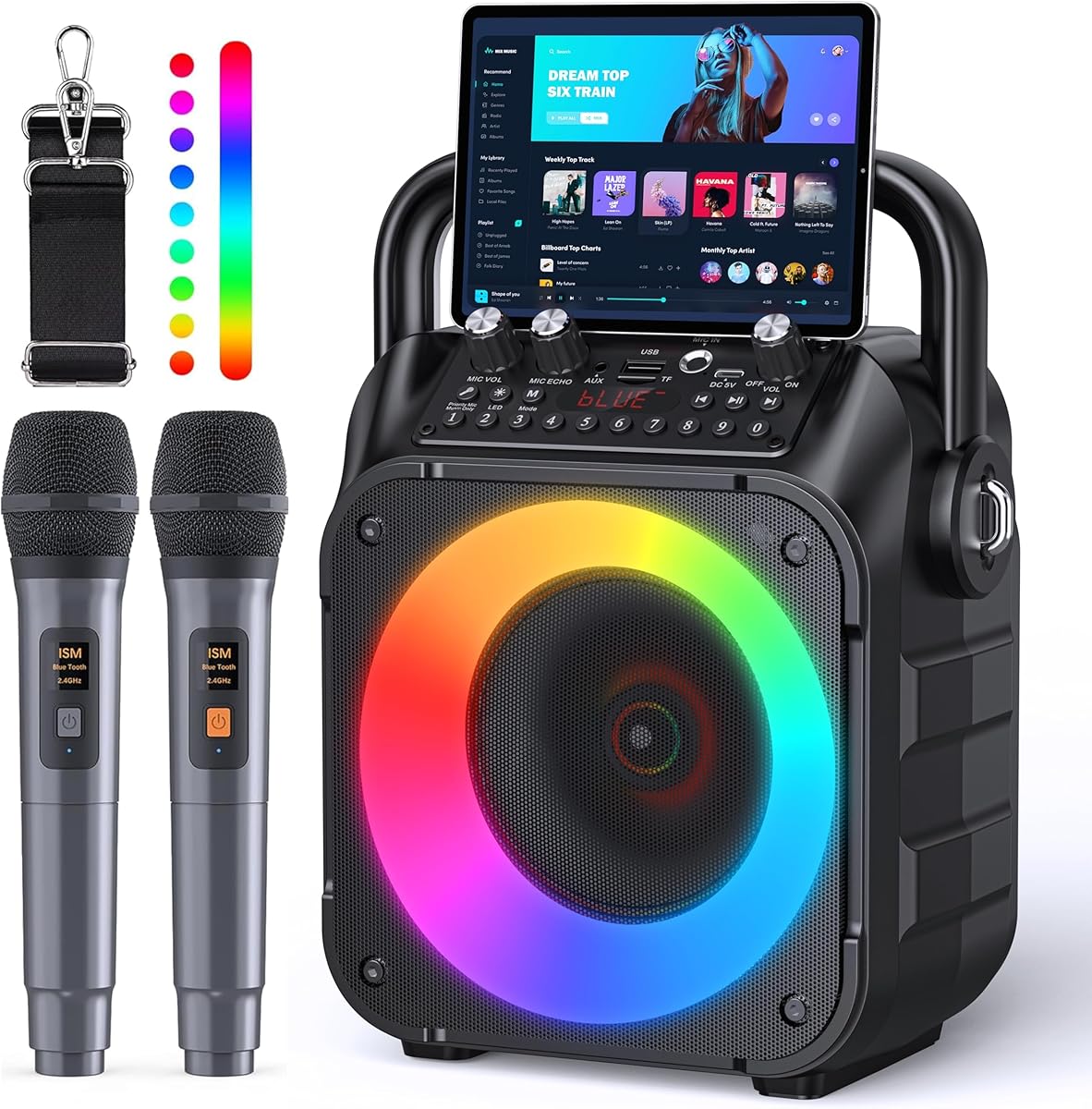 Wowstar Karaoke Maschine mit 2 Mikrofone, Tragbaren Bluetooth Lautsprecher Box für Erwachsene/Kinder mit Lichteffekte PA Komplettsets, Unterstützt TF/USB, FM, AUX in, TWS für Party