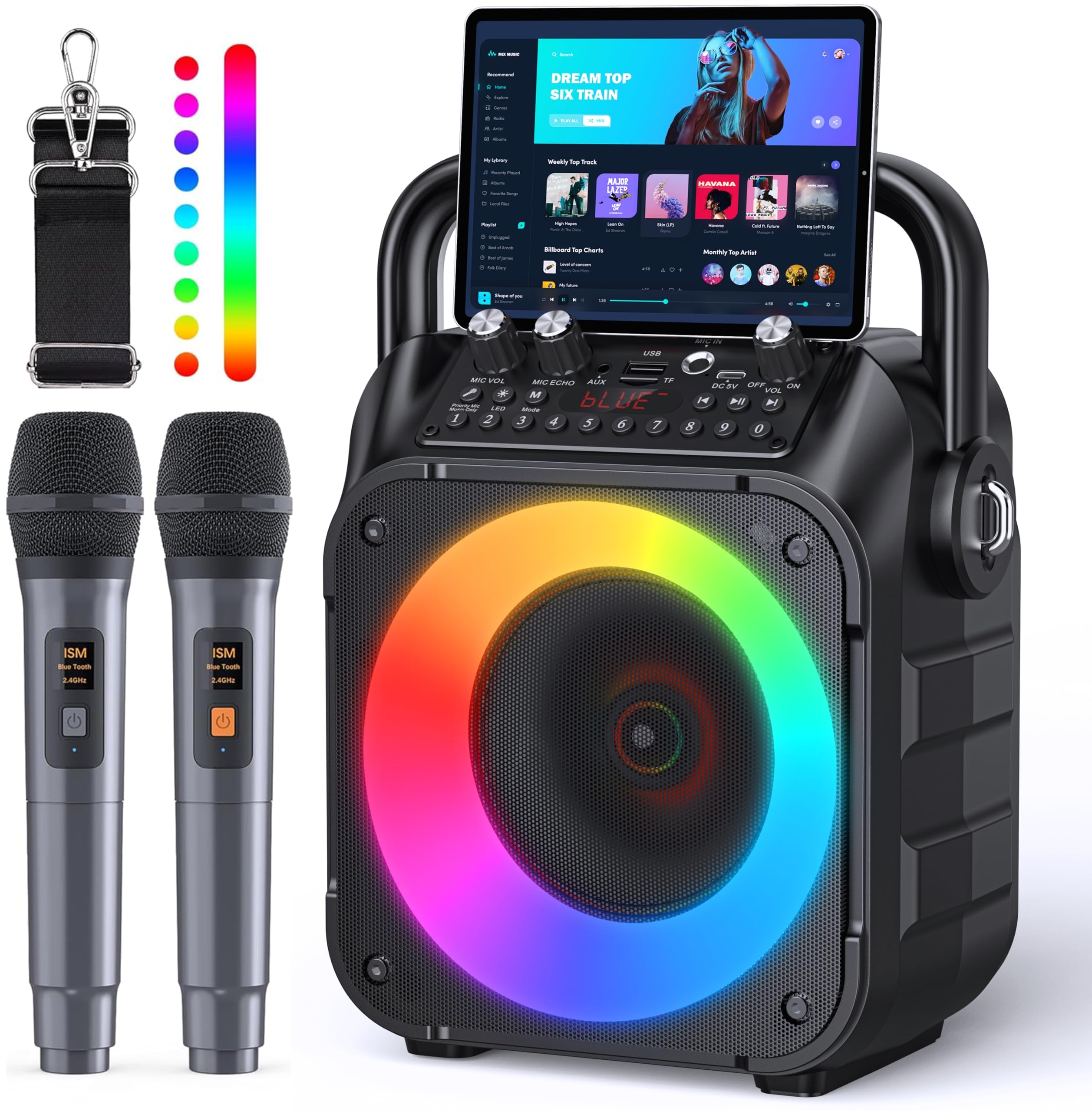 Wowstar Karaoke Maschine mit 2 Mikrofone Tragbaren Bluetooth Lautsprecher Box für Erwachsene/Kinder mit Lichteffekte PA Komplettsets Unterstützt TF/USB FM Rec AUX in TWS für Party
