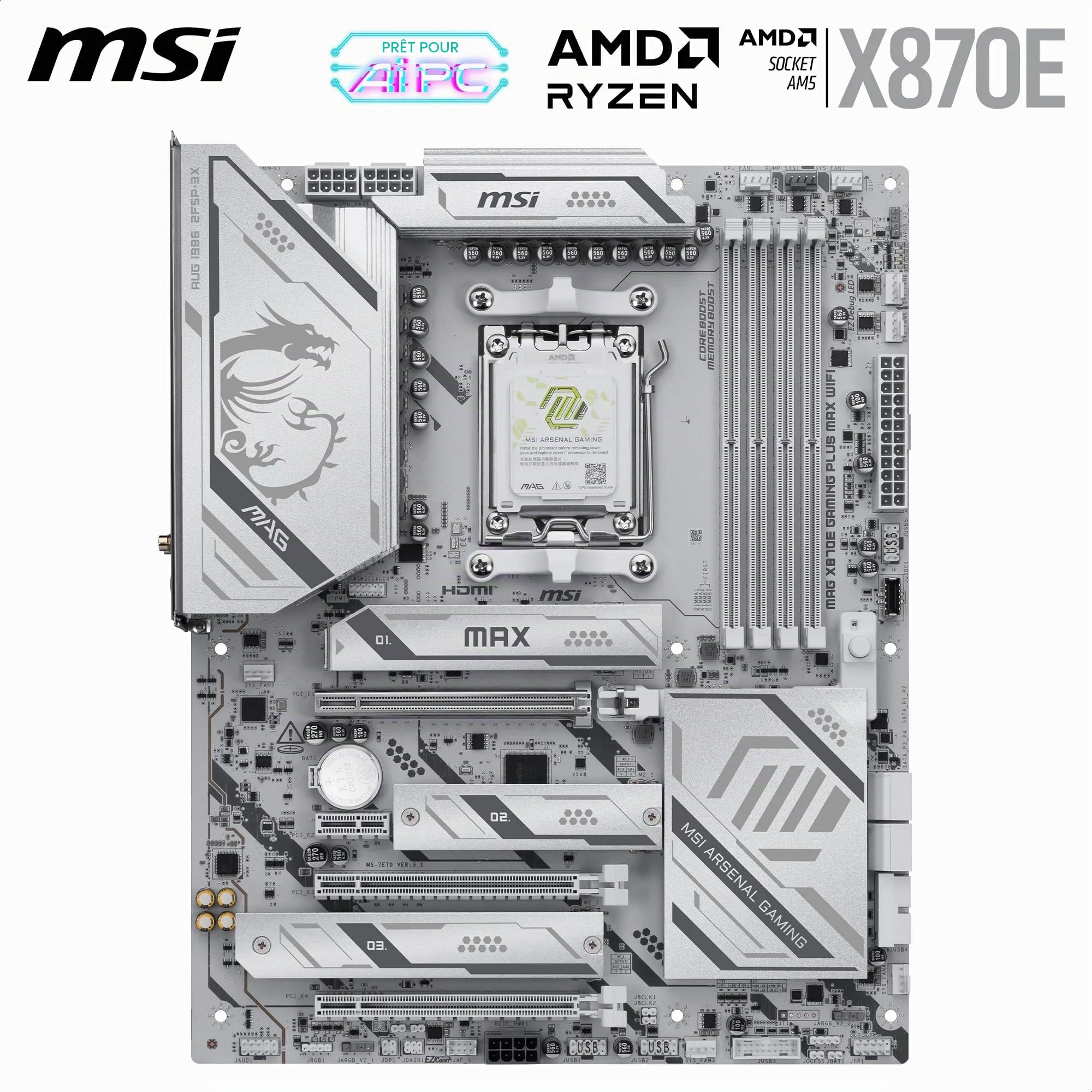 MSI MAG X870E Gaming Plus Max WiFi Carte mère ATX - pour processeurs AMD Ryzen 9000/8000 / 7000, AM5 - VRM SPS 60A, DDR5 Memory Boost (8200+ MT/s OC), PCIe 5.0 x16, M.2 Gen5, Wi-FI 7, 5G LAN