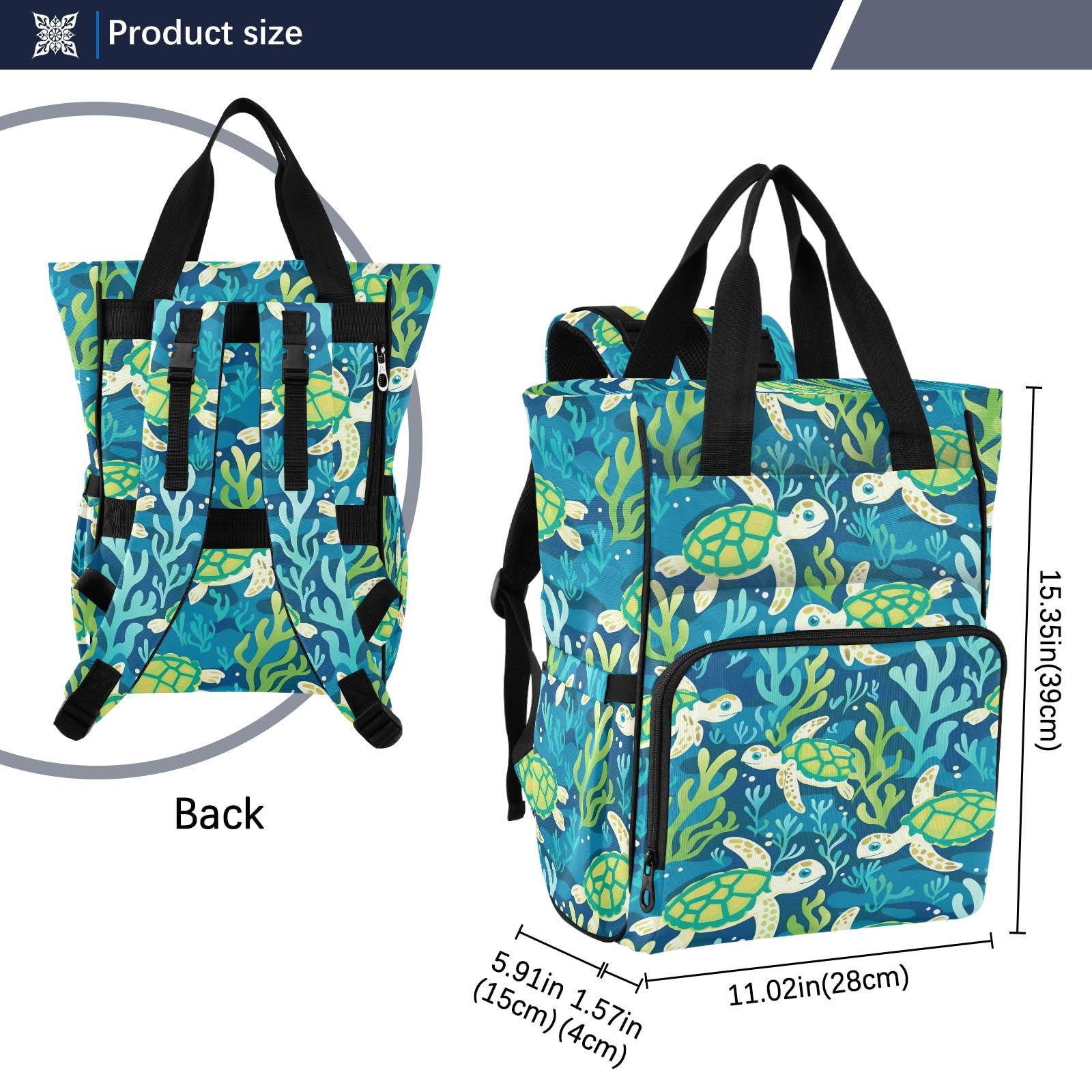 Mnsruu Green Turtles Seaweed Baby Diaper Bag Zaino Grande Borsa Impermeabile Viaggio Pannolino Borse per Mamme e Papà