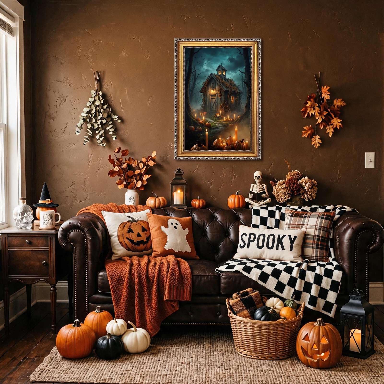 Cuadro decorativo de cabaña en el bosque místico con calabazas, impresión e