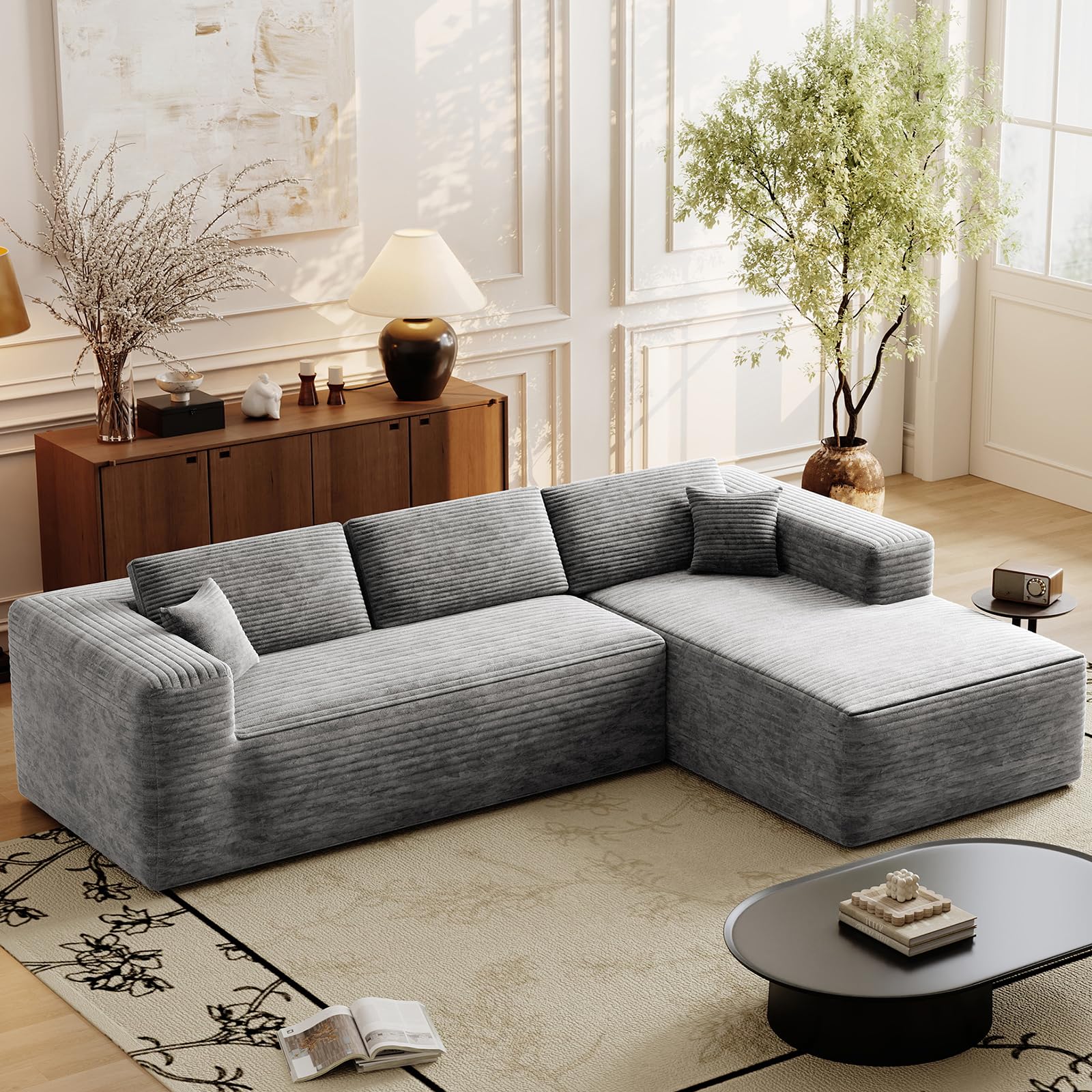275cm Ecksofa Modulares Sofa, Boneless Couch, Grau | Tiefer Sitzfläche, Breiten Armlehnen, aus strapazierfähigem Cordstoff, Modulares Design, Keine Montage erforderlich