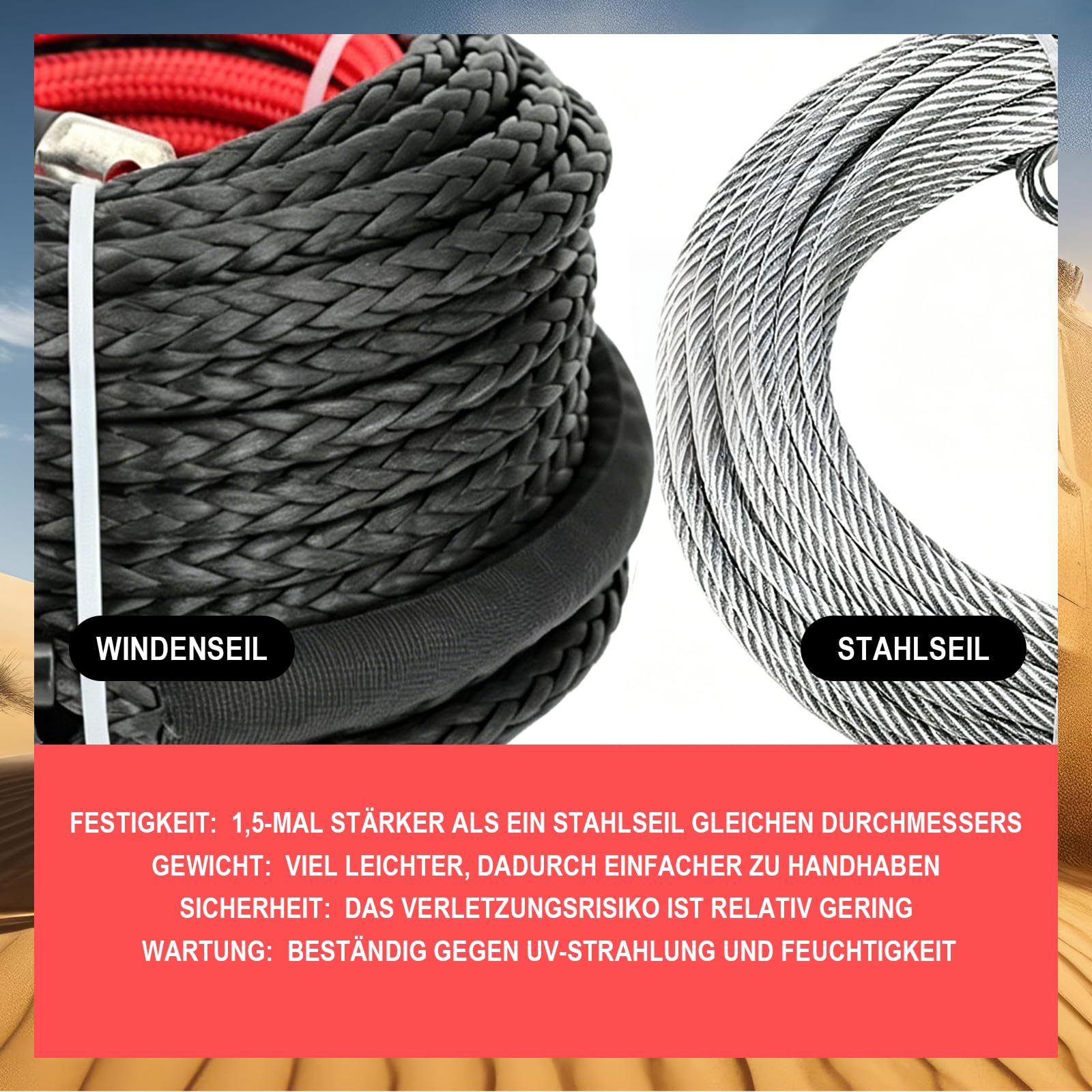 Kunststoffseil Windenseil Abschleppseil, 8 mm x 15 m Synthetic Winch Rope mit Schutzhülle Metallhaken und Handschuhe Synthetische Windenseil für Zum Ziehen Von ATV UTV Auto SUV und Großen Offroadern