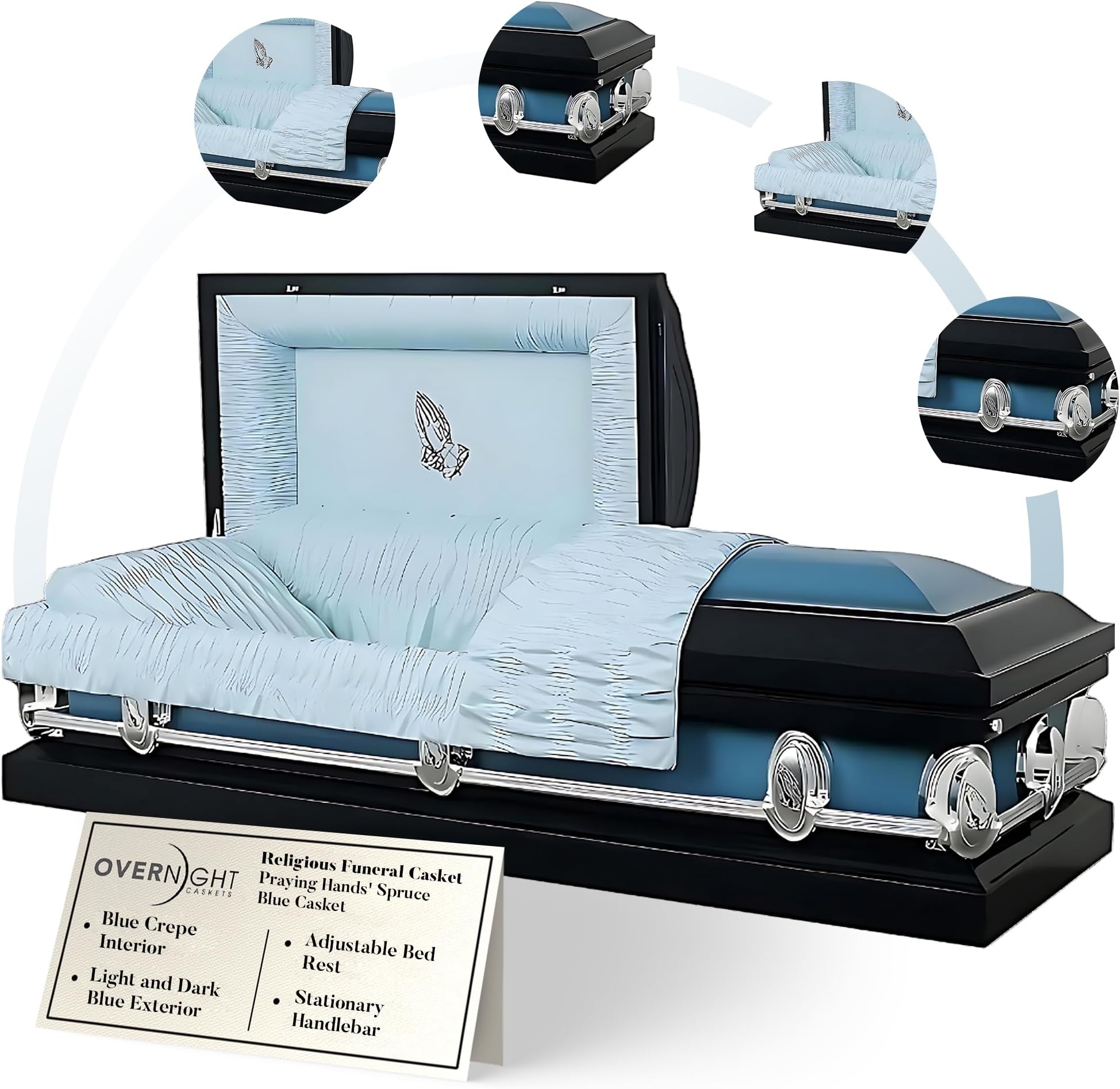 Overnight Caskets The Prayer Metal Funeral Casket with White Crepe Interior - 20 Gauge Steel - Fully Appointed Adult Casket - Coffin Featuring Crepe Interior Lining with Pillow and Throw Set