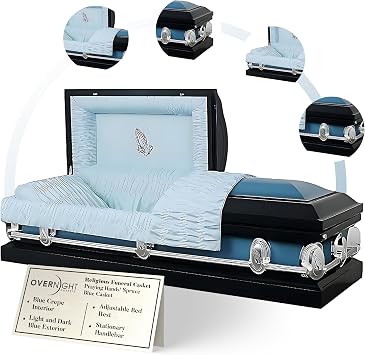 Overnight Caskets The Prayer Metal Funeral Casket with White Crepe Interior