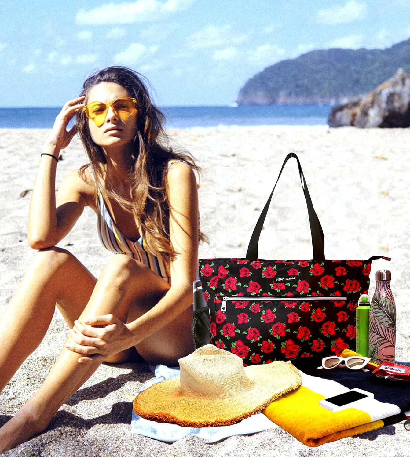 Betsey Johnson 15.6 Inch Zipper Beach Tote Bag Lightweight Large Durable Polyester with Mesh Side Pockets for Gym Work | 15.6 Inch, Zipper, Lightweight, Large, Durable, Mesh Side Pockets - Image 3