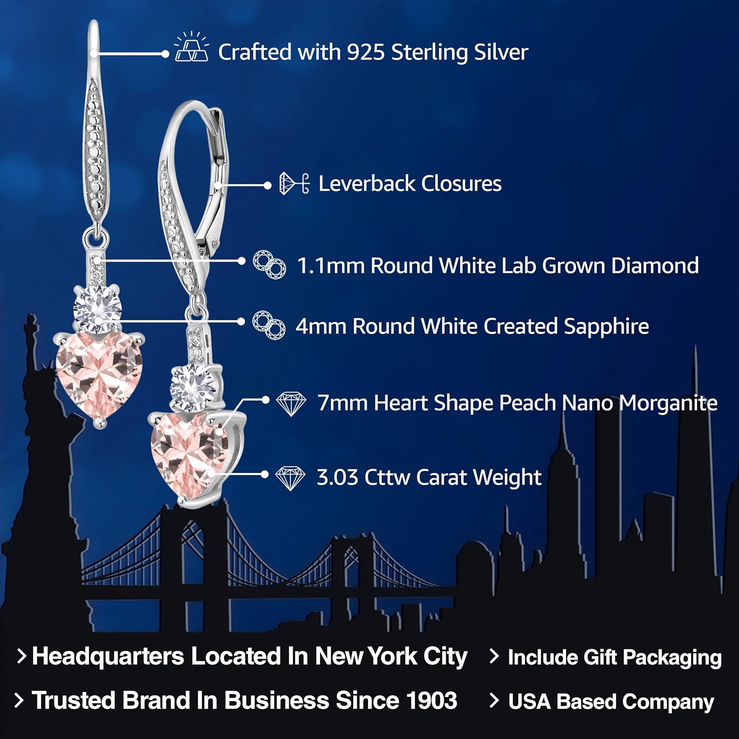 Gem Stone King 925 Sterling Silver Peach Nano Morganite White Created Sapphire and White Lab Grown Diamond Drop Dangle Earrings For Women (3.03 Cttw, Heart Shape 7MM, Round 4MM)