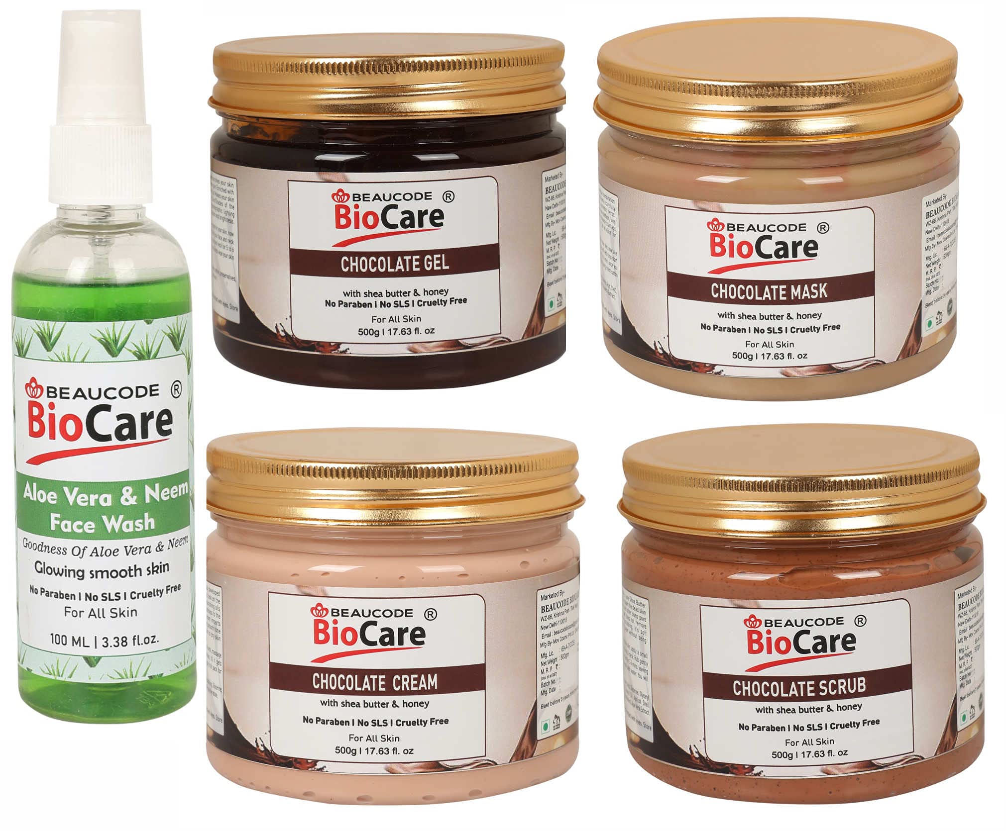 BEAUCODE BioCarePack of-5, Chocolate Face and Body Gel & Cream & Mask & Scrub (500g) and Aloe Vera Face wash (100ml)