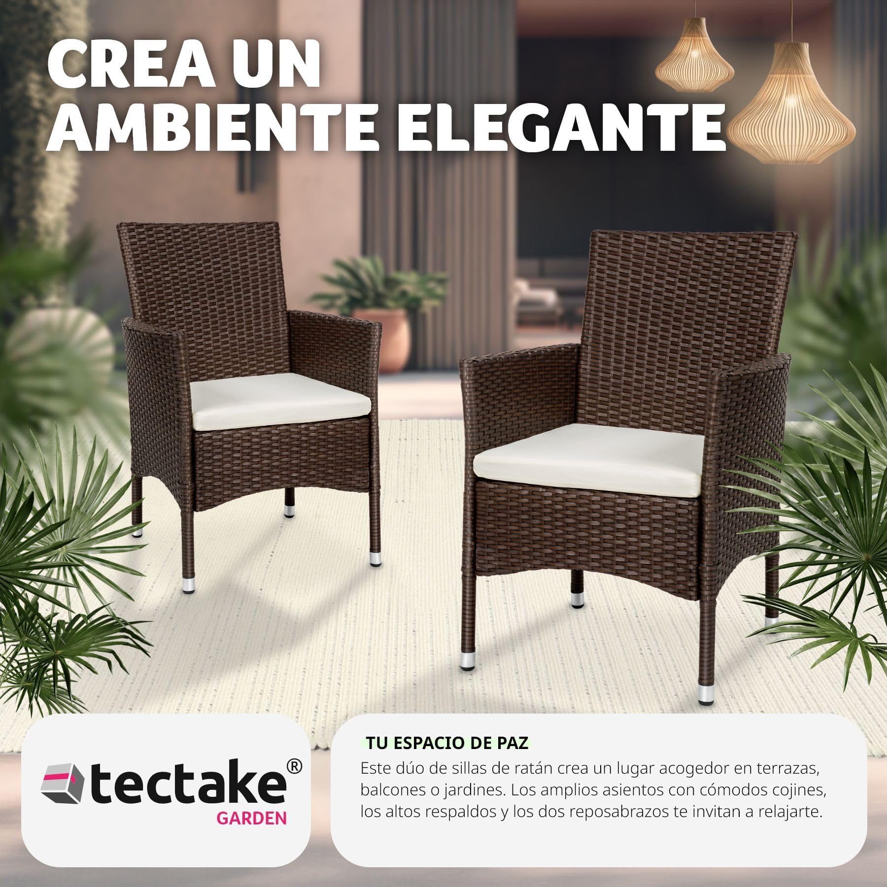 tectake® Set de 2 Sillones en Poliratán y Acero, Muebles Jardín Exterior, Sillón para Conjunto Jardín Exterior, Cojines con Fundas Intercambiables, Fácil Montaje - marrón/Beige