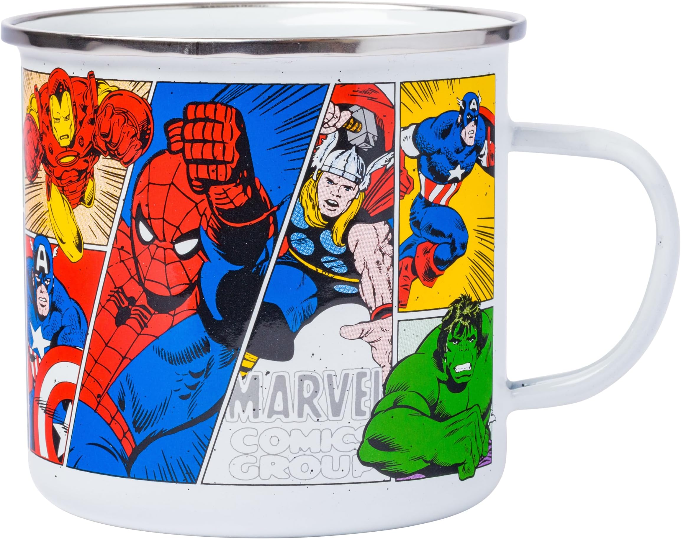 Silver Buffalo Retro Vintage Panel Marvel Comics Avengers Camper Coffee Mug Featuring Captain America, Hulk, Thor, Spider-Man, Black Widow, and Iron Man, 21 Ounces
