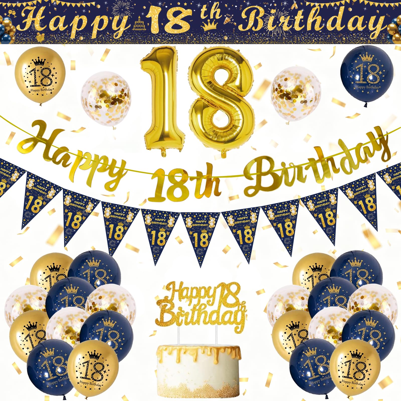18th Birthday Decorations for Boys, Blue Gold 18 Birthday Decorations,Happy 18th Birthday Banner,18th Balloons,270 * 15cm Cuttable Banner,Foil Balloons,Cake Topper 18 Birthday Party Supplies for Boys