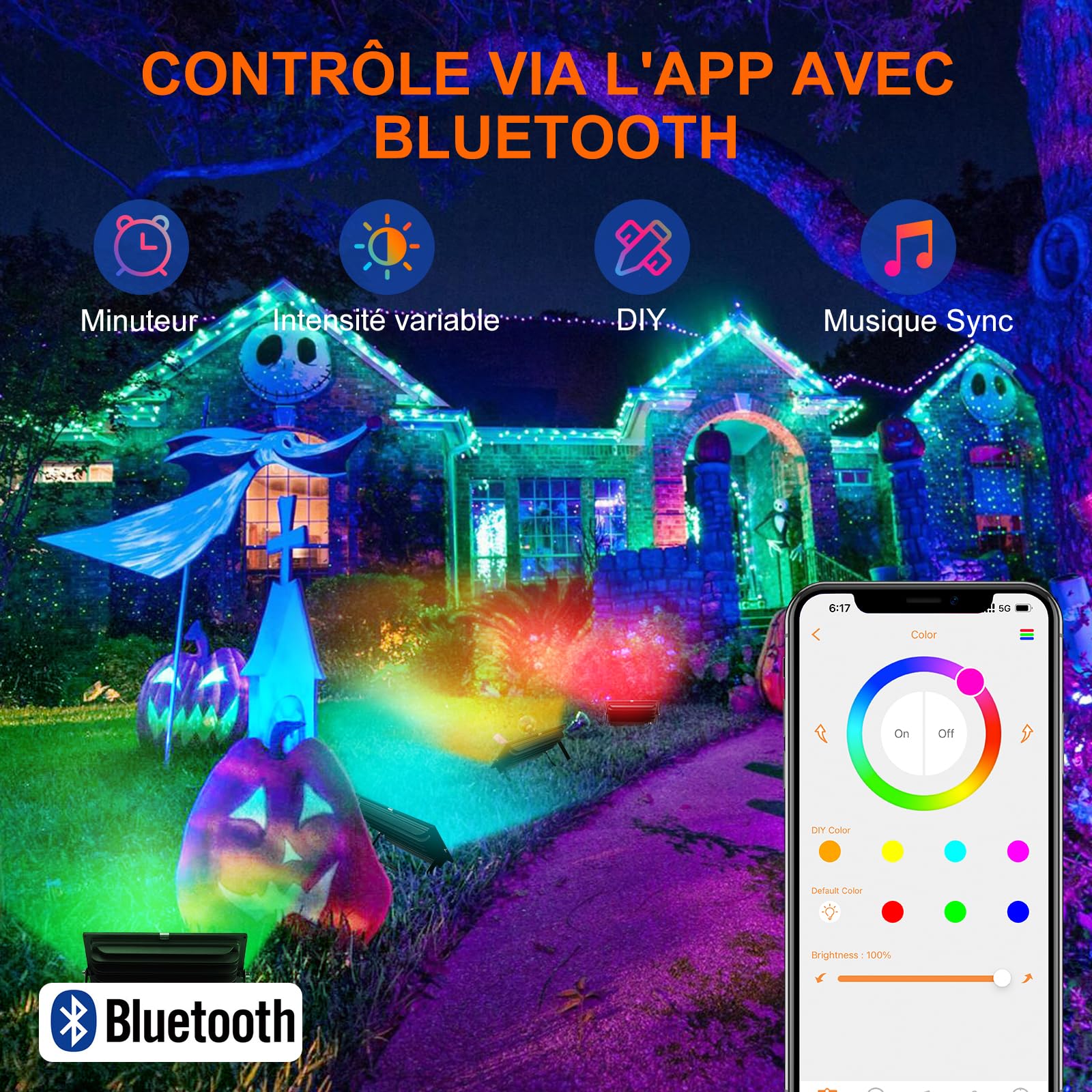 DUSKTEC Projecteur LED RGB 80W Lot de 2 avec Prise, Dimmable, Étanche IP66