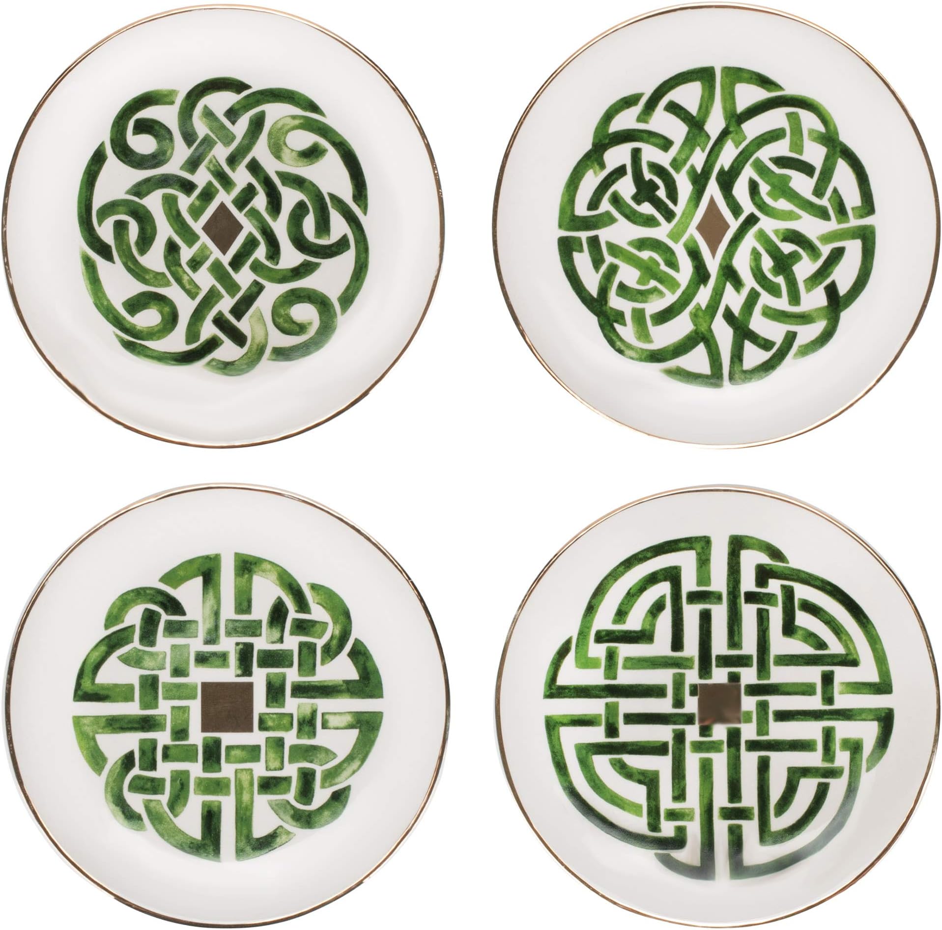 Birsppy Creamy White Celtic Green Knot 6.5 x 6.5 Dolomite Decorative Serving Plate Set 4