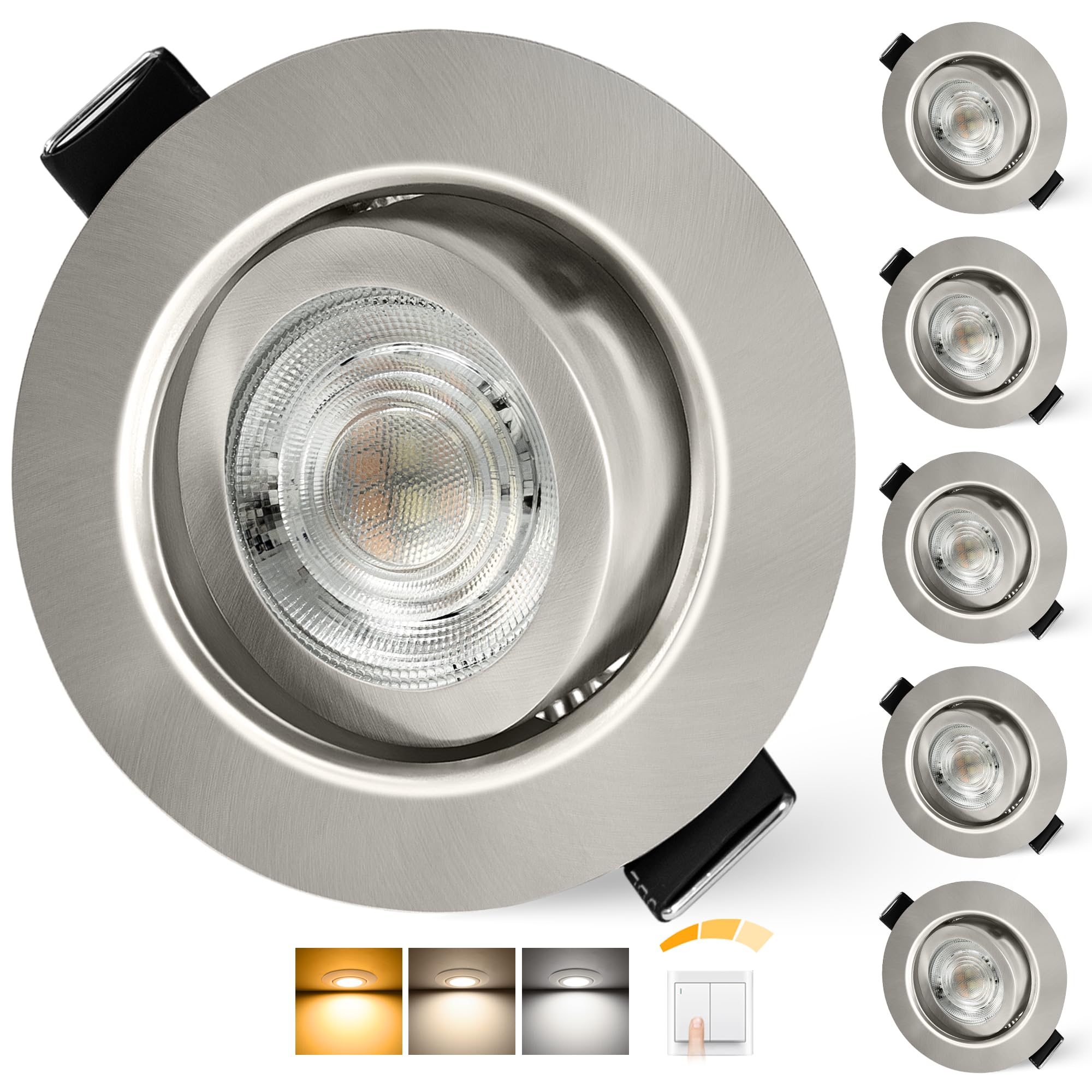 Aulaiyi LED Einbaustrahler 230V Dimmbar 68mm 5.5W IP44 LED Spots Ultra Flach Deckenspots 45° Schwenkbar Einbauleuchten Warmweiß Neutralweiß Kaltweiß Einbauspots für Bad Wohnzimmer, Nickel 6er Set
