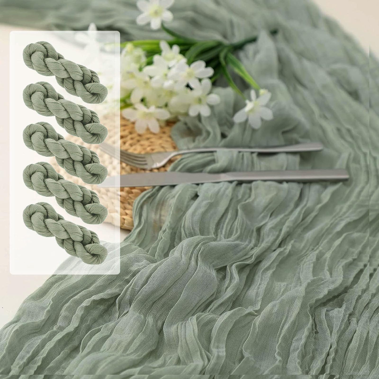 Sage Green Table Runner, Green Table Runner 5 Pack 90x300cm Cheesecloth Long Gauze Boho for Holiday,Wedding Bridal Baby Shower Party Banquet Dining Rustic Table Decoration Tablecloth