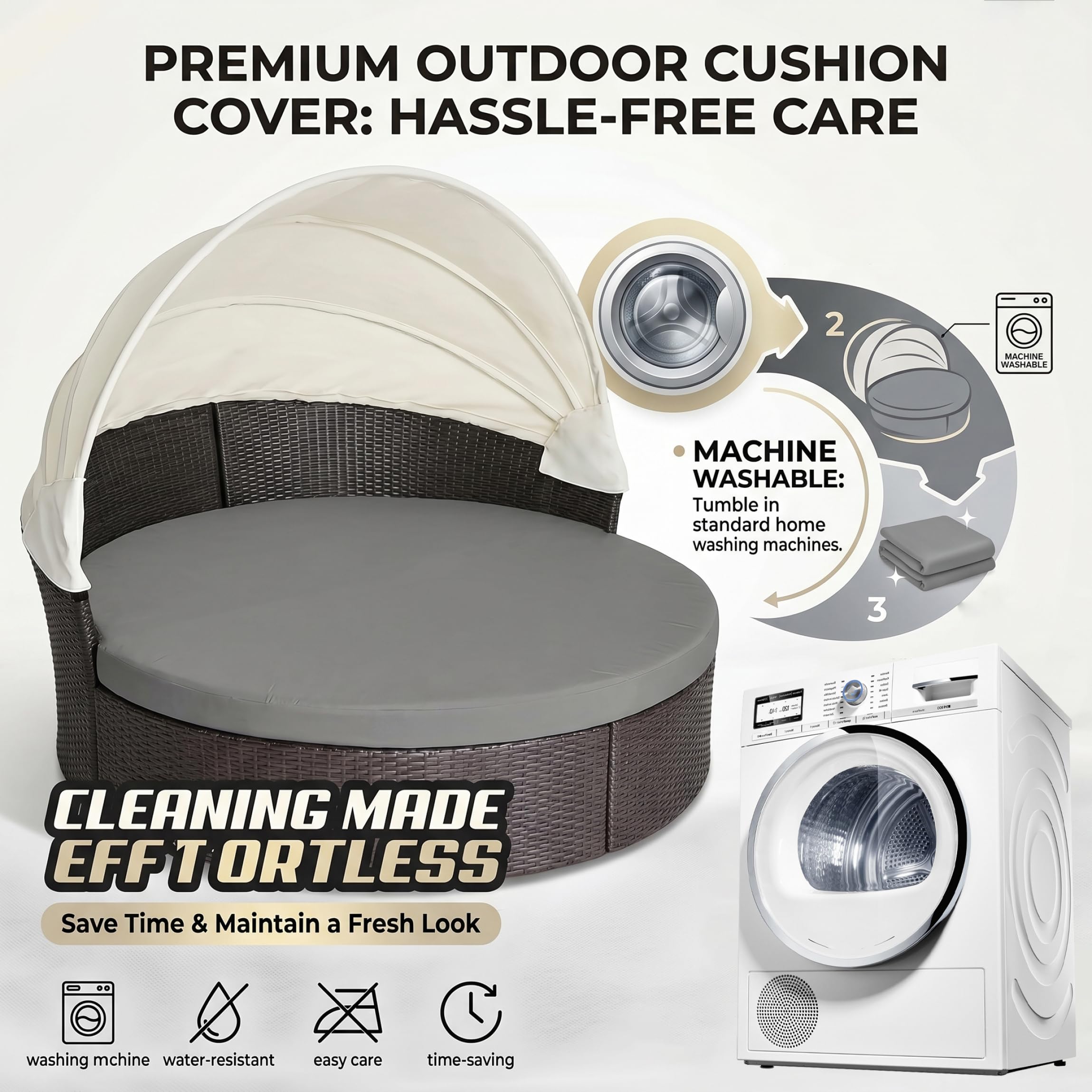 Housse de Coussin pour lit de Repos d'extérieur – Housse Coussin imperméable pour lit Repos, Housses Rechange lavables en Machine pour Lits Ronds, Gris, 66, 14 Pouces diamètre