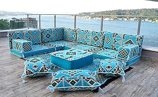 Light Blue Floor Cushions, L Shaped Sectional Sofas, Corner Arabic Sofa Set, Pallet Sofa, Arabic Majlis, Pouffs, Turkish Floor Seating Set (L Sofa Only, 4'' Thickness (10 cm))