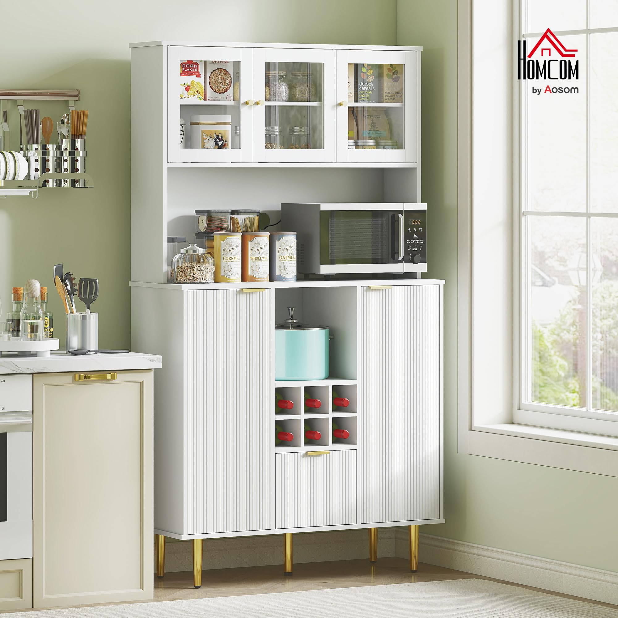 HOMCOM Alacena de Cocina Alto 3 Puertas de Vidrio 100x40x180 cm Blanco | Mueble Auxiliar de Cocina, Aparador, Botellero, Cajón, Estantes Ajustables, Compartimentos Abiertos