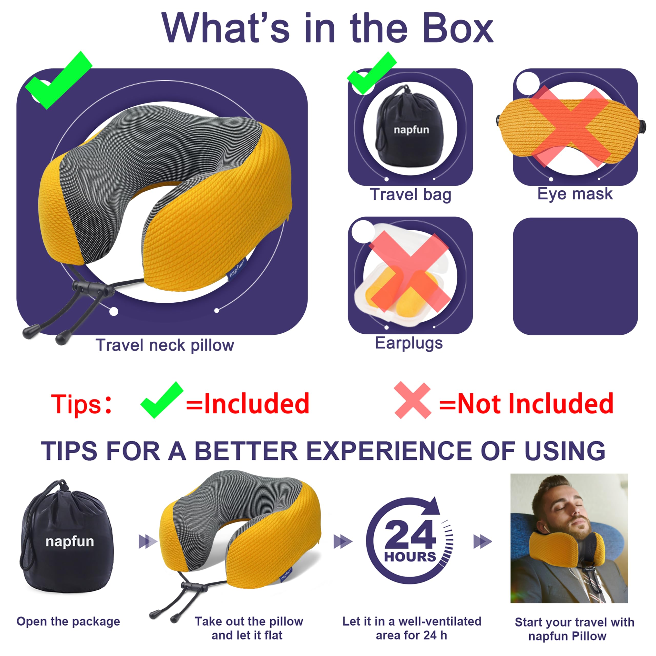 napfun Neck Pillow for Travel, Memory Foam Airplane Pillow, Yellow view 5