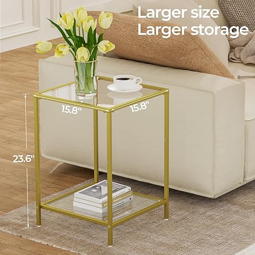 Miniatura 3 de Juego de 2 mesas auxiliares, mesa auxiliar con vidrio templado, mesitas de noche de 2 niveles con estantes de almacenamiento, mesa de centro con