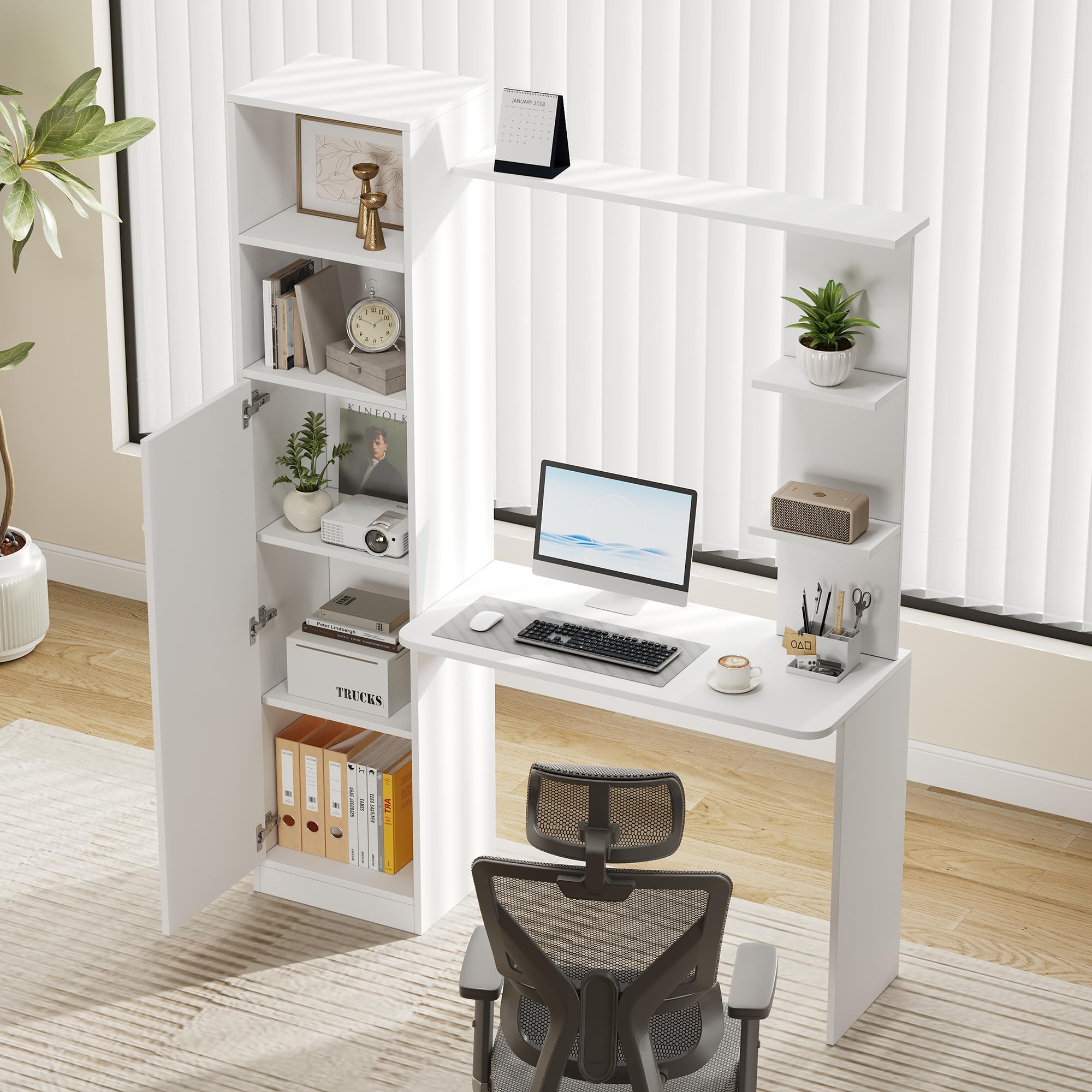 BTM Schreibtisch mit Schrank und Aufsatzregal, Modernes Bürotisch Schreibtisch mit Stauraum und Regal Weiß