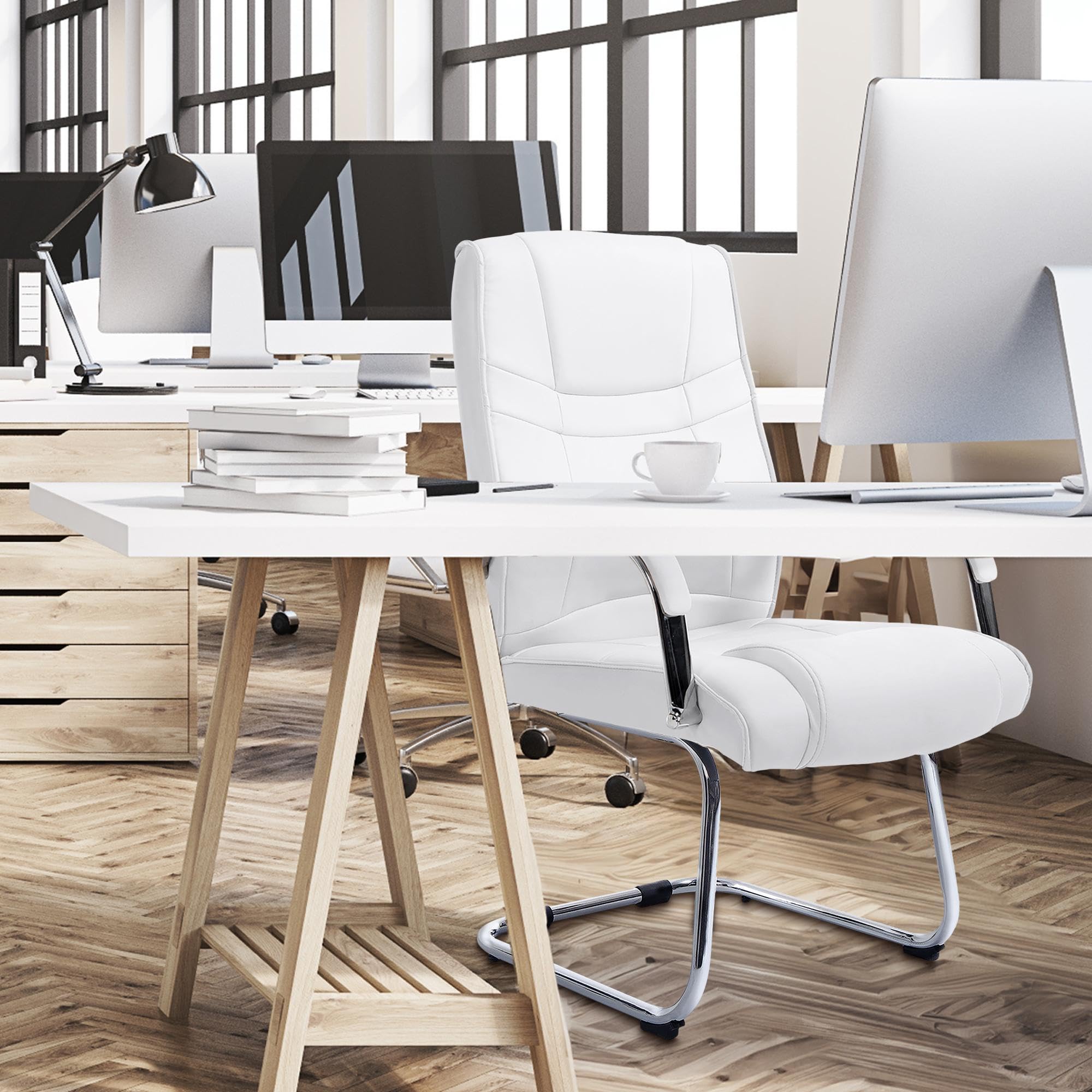CLP Chaise Cantilever Attila XXL avec Accoudoirs - Fauteuil Oscillant de Bureau en Similicuir - Chaise de Salle à Manger Rembourrée Charge Max 1, Couleur:Blanc