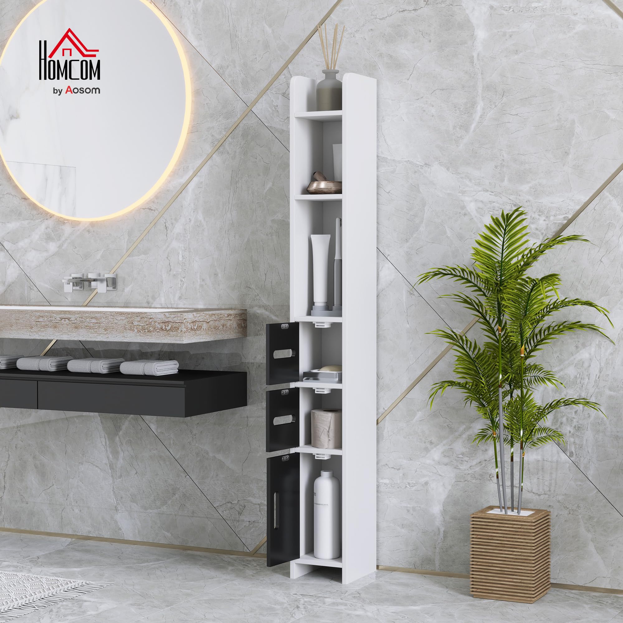 kleankin Mobiletto Bagno Salvaspazio a Colonna con 3 Mensole e 3 Armadietti, Colonna Bagno in Legno per Salotto, Soggiorno, Cucina, 15x17x120 cm, Bianco e Nero