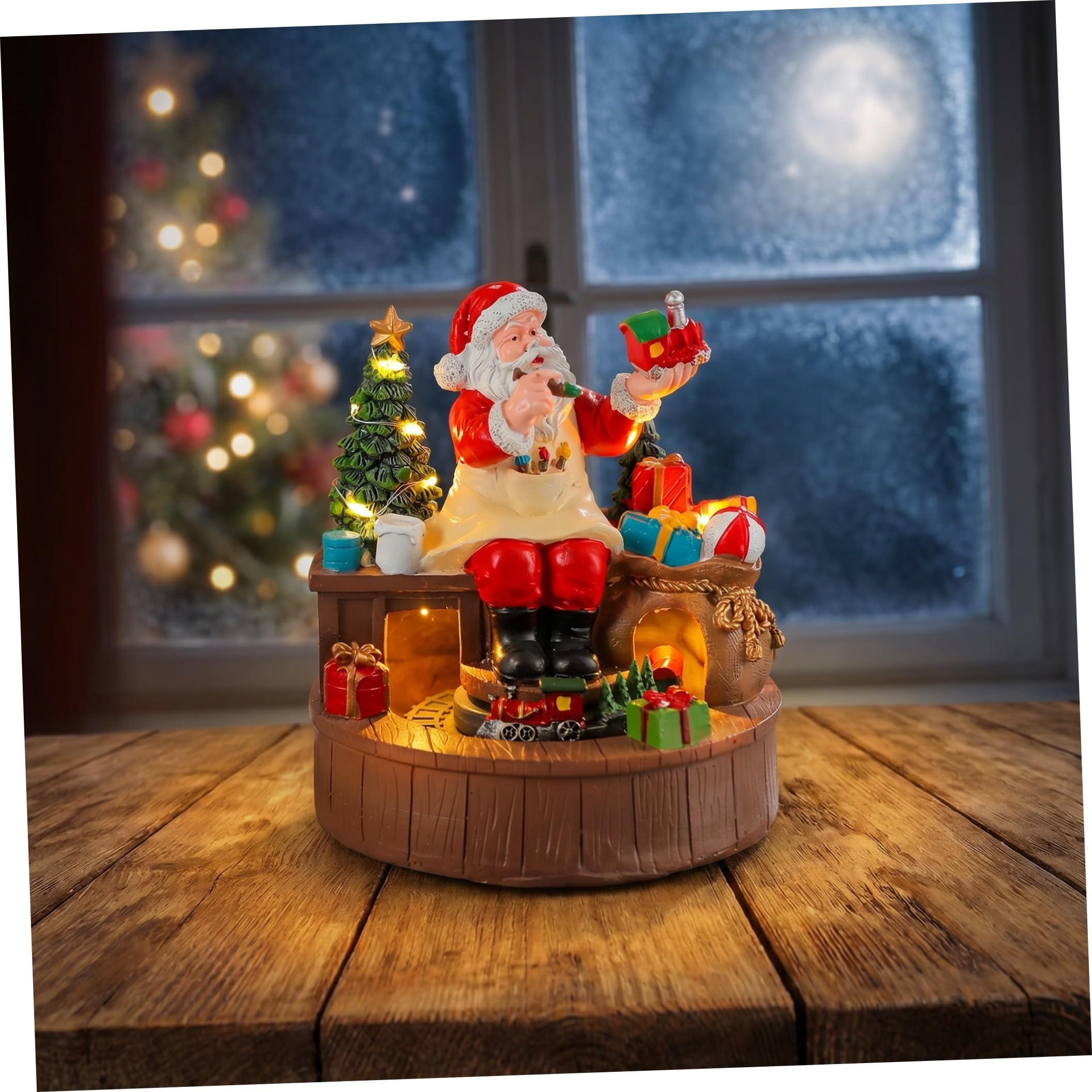 Caja Musical de Papá Noel de Resina con Luces LED y Tren Giratorio