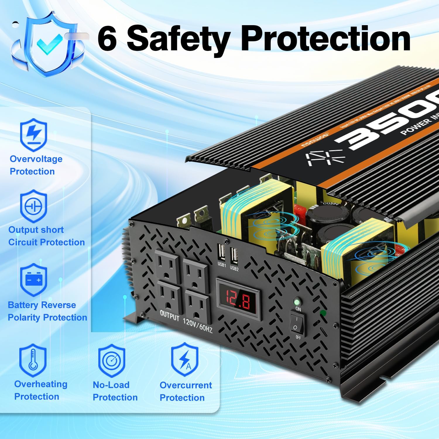 3500 Watt 12v Power Inverter for Vehicles car Truck RV Solar, dc 12v to 110v ac Converter with 4 AC Power Outlets 2 USB Ports LCD Display-3500W