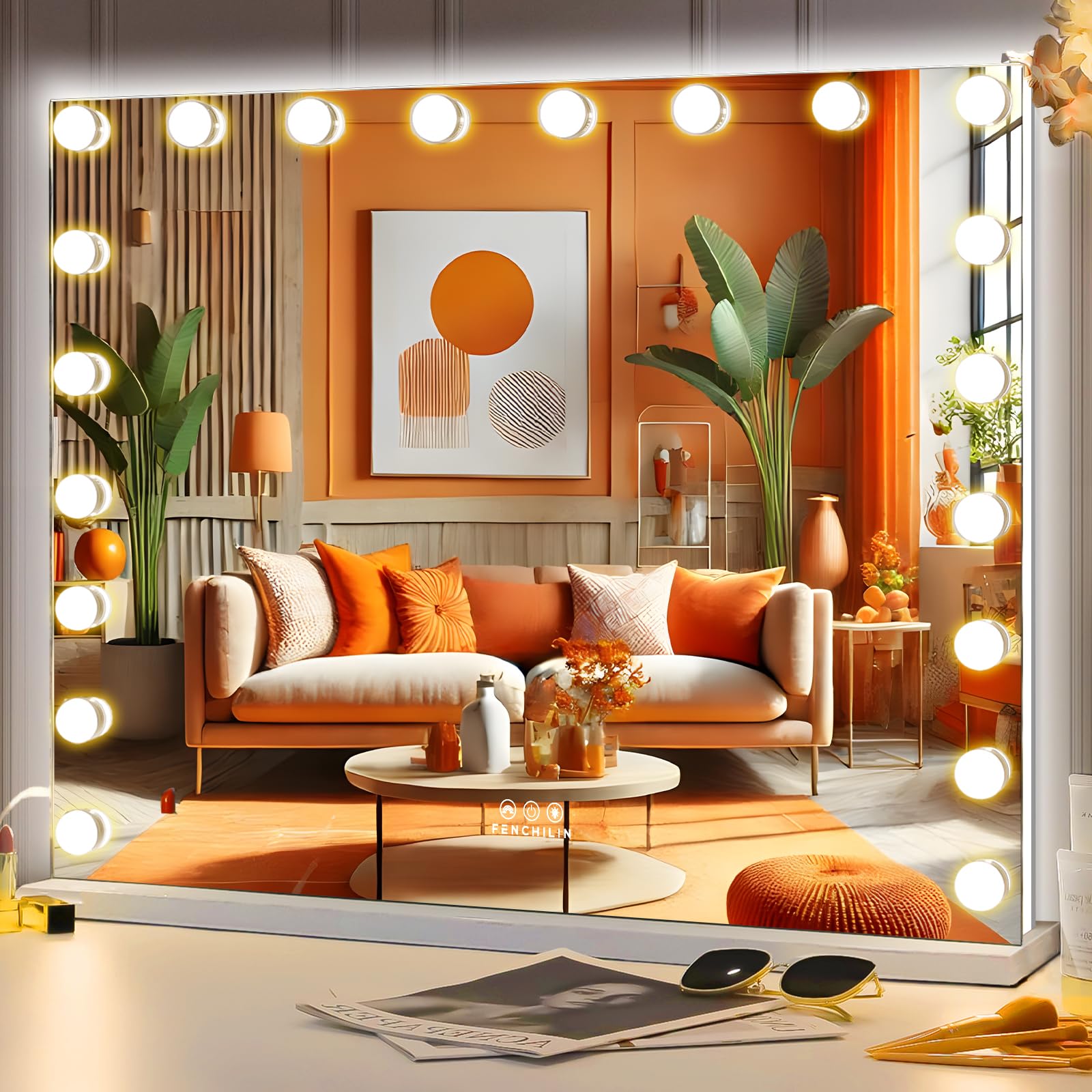 FENCHILIN Hollywood Espejo con iluminación y retroiluminación RGB, espejo de maquillaje con iluminación, 20 bombillas LED regulables, espejo grande con luz de cristal templado blanco, 100 x 80 cm