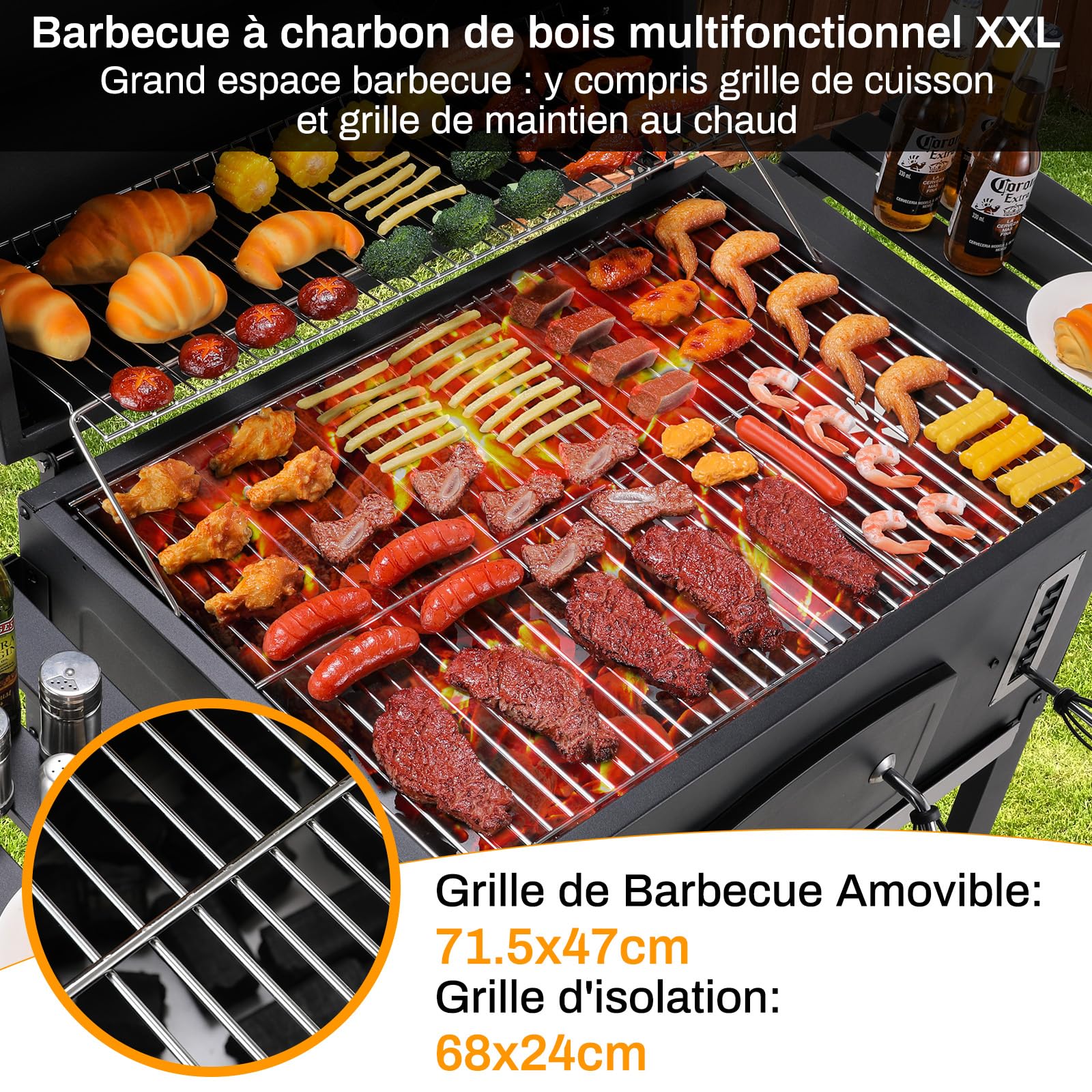 LIFERUN Barbecue Charbon de Bois XXL avec Cheminée, Grand Chariot avec Couvercle, Roues, Thermomètre, Fumoir Smoker