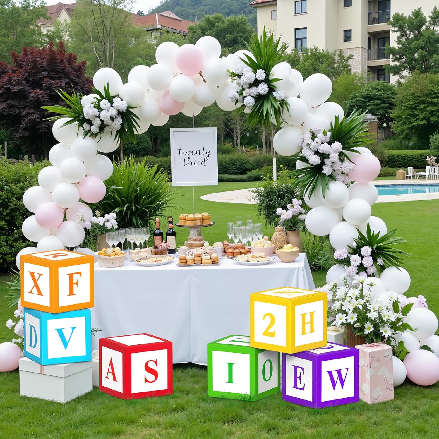 HYMENEX 6 Pcs Custom Letter Toy Inspire Party Boxes, Colorful Personalized Letter Boxes 11.8 x 11.8 Inch Party Favor Box with 52 Pcs Letter Cutouts for Birthday Photo Block Props School Decorations