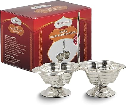 Shubhkart Silver Plated Haldi Kumkum Stand in Small Size Handmade Roli Chawal Holder Set of 3 for Puja, Aarti, Temple Rituals, Festivals, Raksha Bandhan & Home Worship | Traditional Tilak Accessory