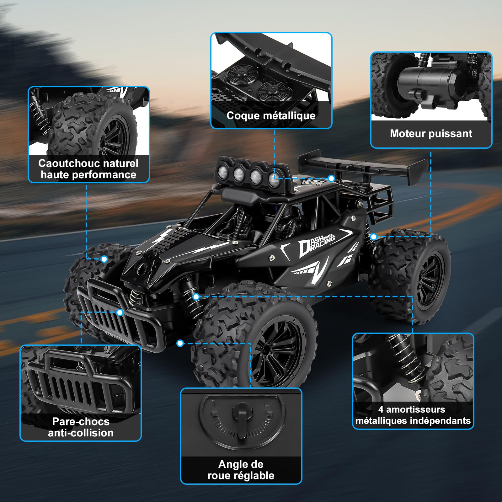 Joellfuner Voiture Ttélécommandée Tout Terrain, 1:16 2.4GHz Voiture Rc avec Lumière LED Quadrichromique, 2WD 20KM/H Buggy RC avec Vitesses Hautes et Basses, Cadeau pour Enfants Plus de 3 Ans (Noir)