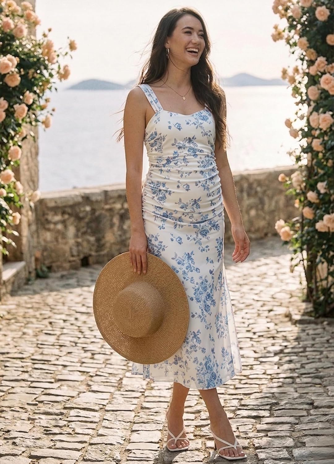 guruixu Floral Mesh Maternity Photoshoot Baby Shower Dress Sleeveless Ruched Bodycon Wedding Guest Cocktail Pregnancy Dress