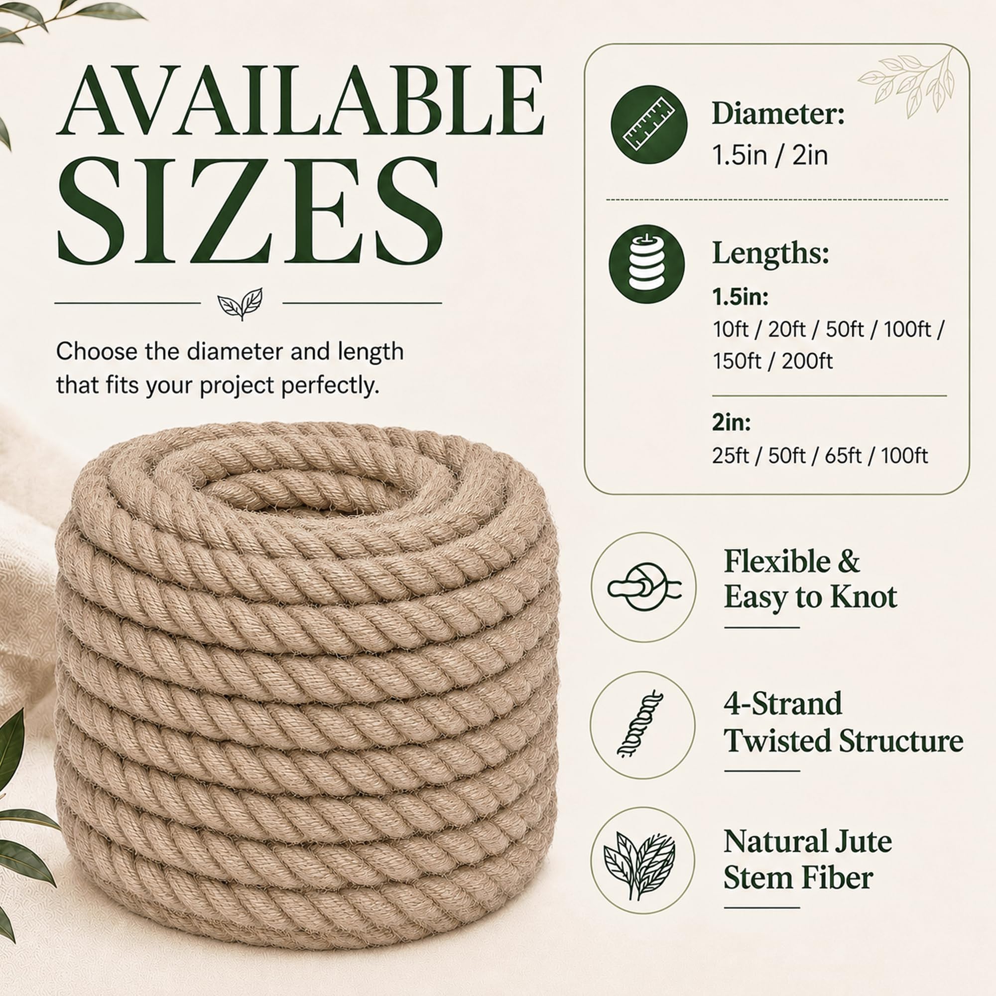 YUZENET Twisted Manila Rope Jute Rope (1.5 in x 50 ft) Natural Thick Hemp Rope for Nautical, Landscaping, Railings, Hammock, ating
