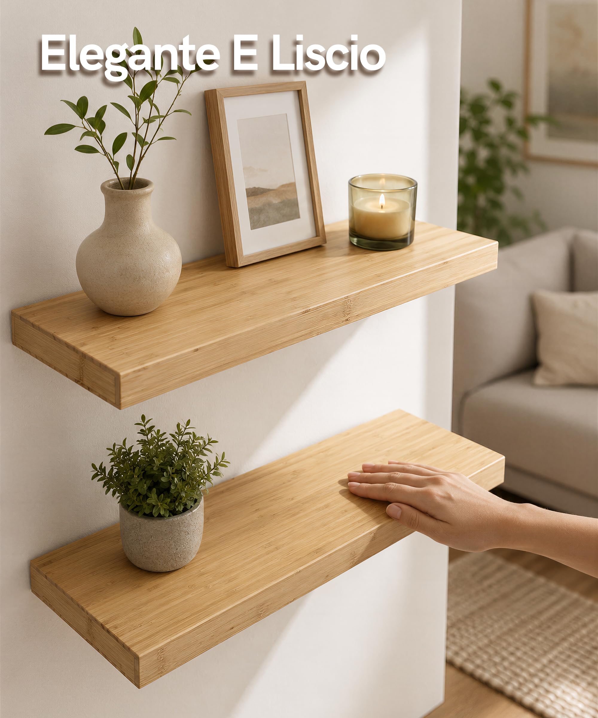 Afuly Mensole da Muro in Bambù per Soggiorno in Legno, 60 x 20 cm Set di 2 | Supporti nascosti, per libri, piante, foto e decorazioni, soggiorno, camera da letto, cucina e bagno, per uso quotidiano