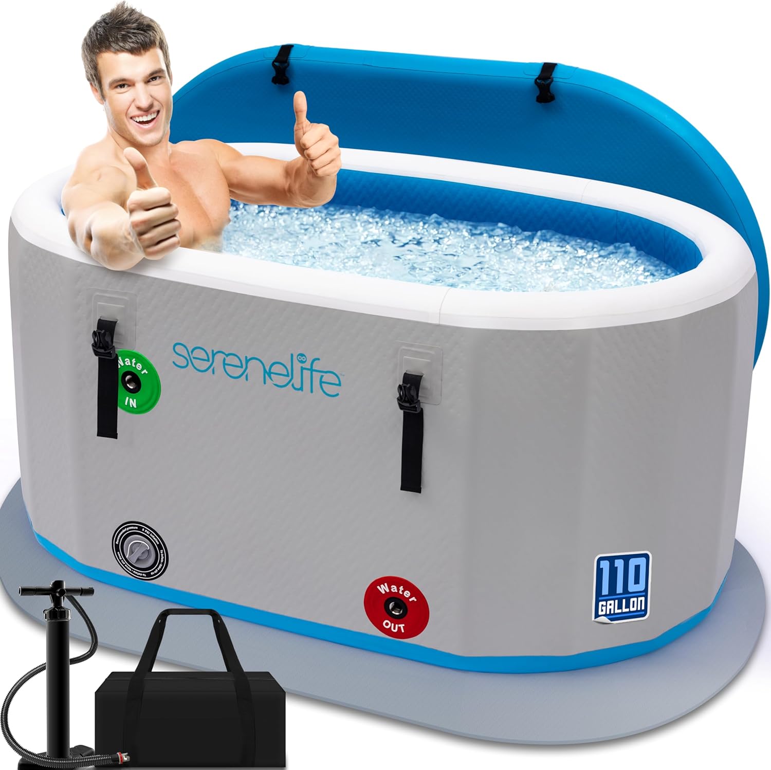 SereneLife Inflatable Cold Plunge Tub Ice Bath, One Person Ice Bath Tub with Lid, Drop Stitch PVC, Double Layer Seals, Heavy Duty Cold Plunge Therapy Recovery Pod for Athletes