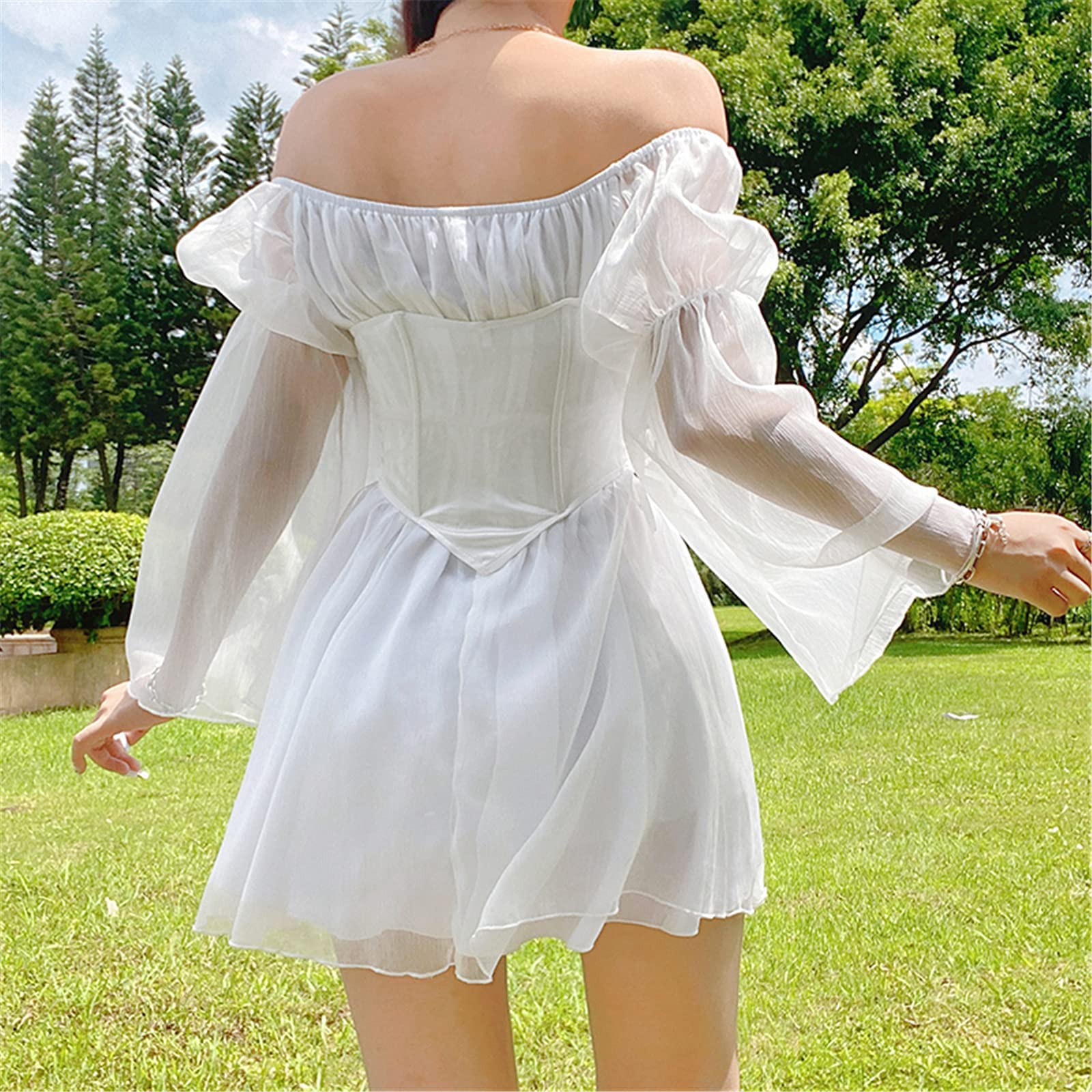 VnimVinter Women Off Shoulder Mesh Mini Dress Long Puff Sleeve Bell Sleeve A-line Swing Mini Dress: Small #2-white Corset