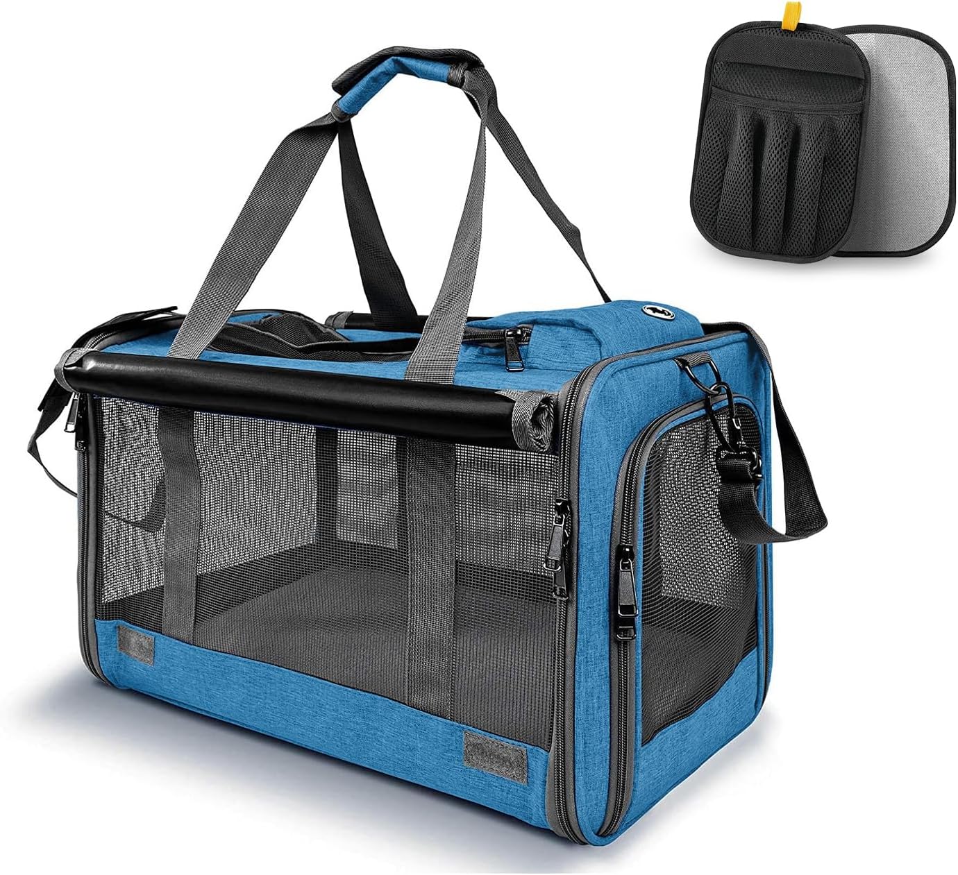 Soft Sided Pet Carrier Set, Airline Approved, Large, Collapsible, Portable, Breathable, for Large and Medium Cats and Small Dogs (1 Blue Carrier + 1 Pet Glove)