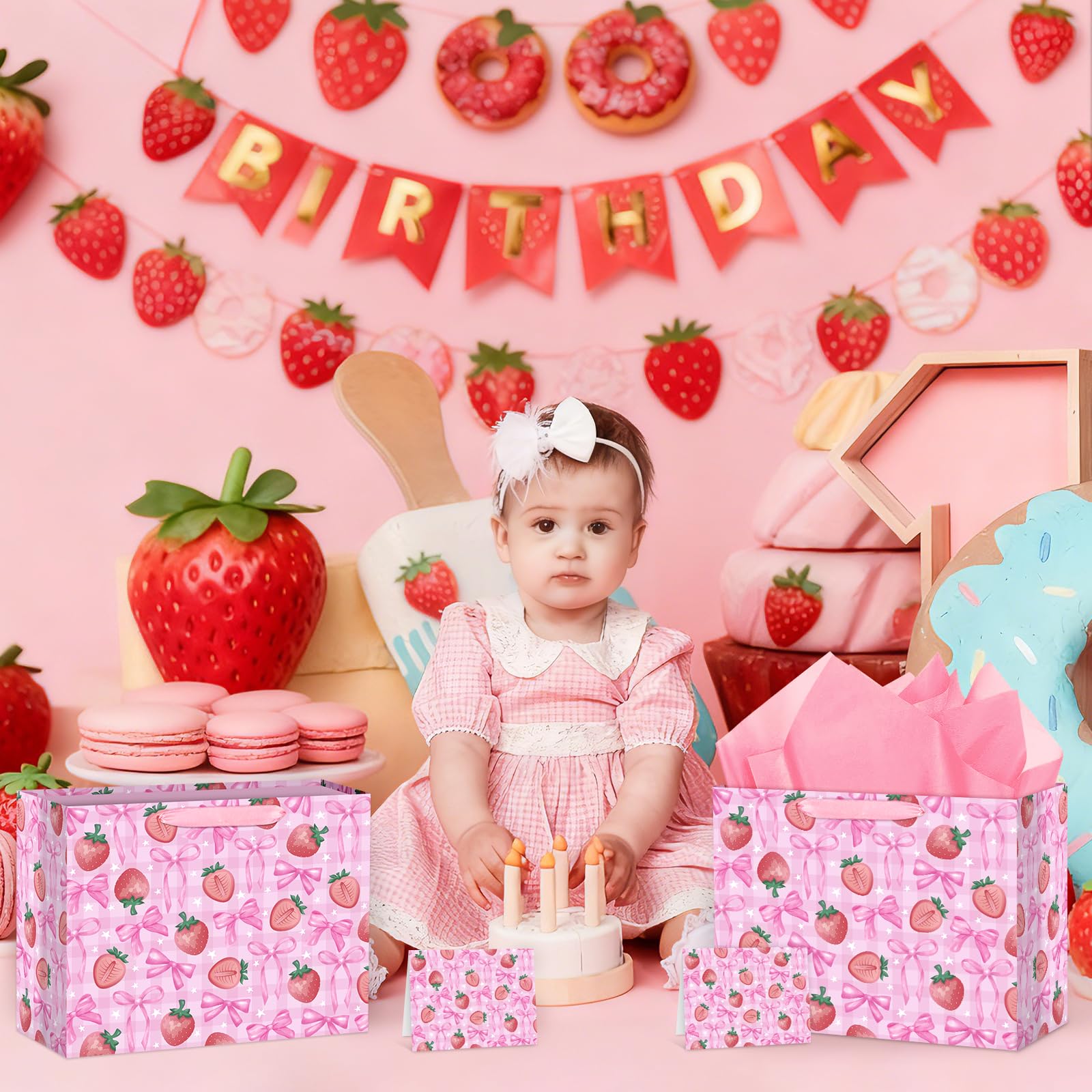 Hooqict Large Strawberry Bow Gift Bag Pink Birthday Gift Wrapping Bag with Handles, Tissue Paper, Greeting Card for Girls Kids Women Sweet Strawberry Birthday Decorations Baby Shower Valentines Mothers Day