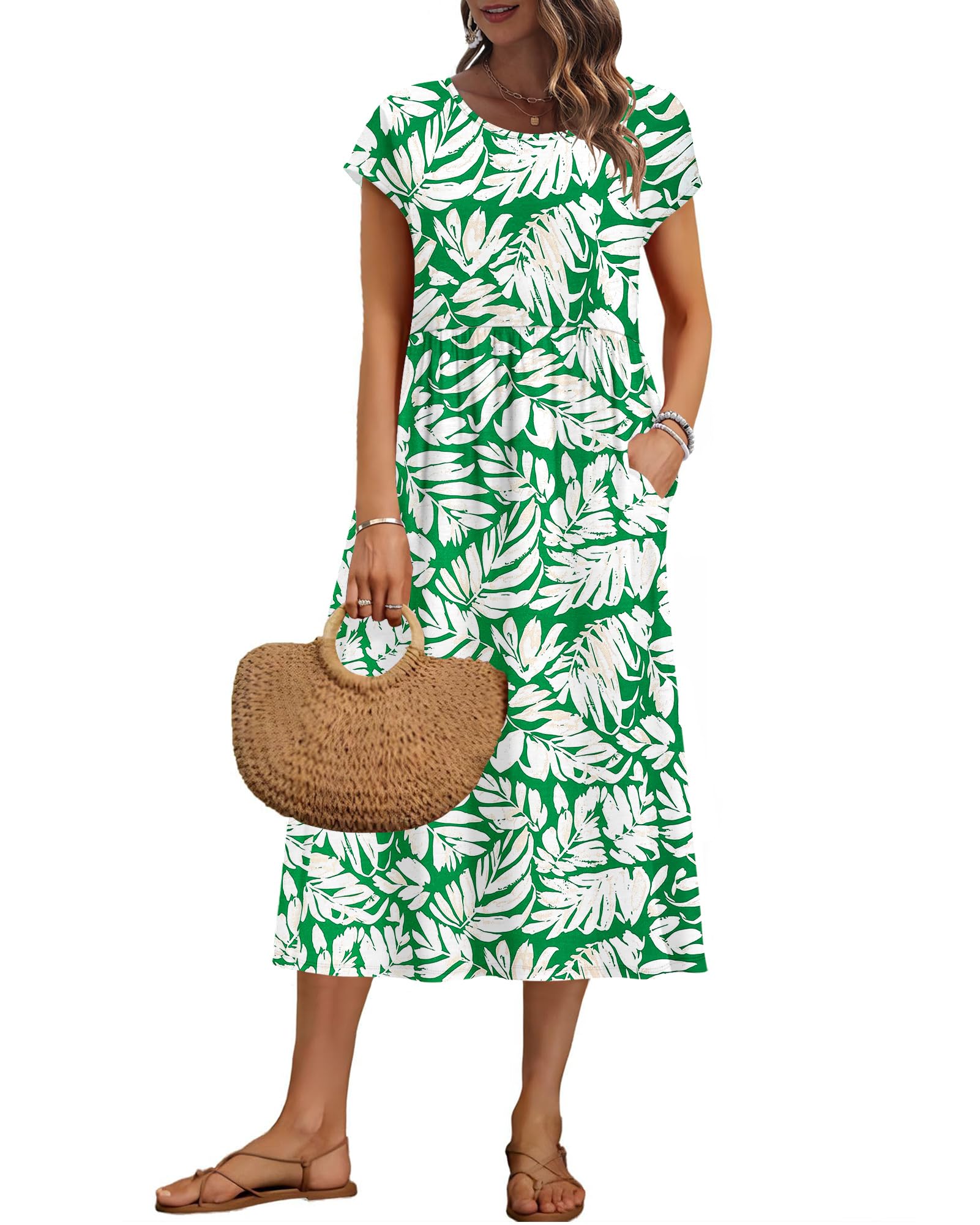 Auselily Women's Green Shadow Leaf Summer Short Sleeve Knee Length Dresses Basic Shift Midi Dress With Pockets, S