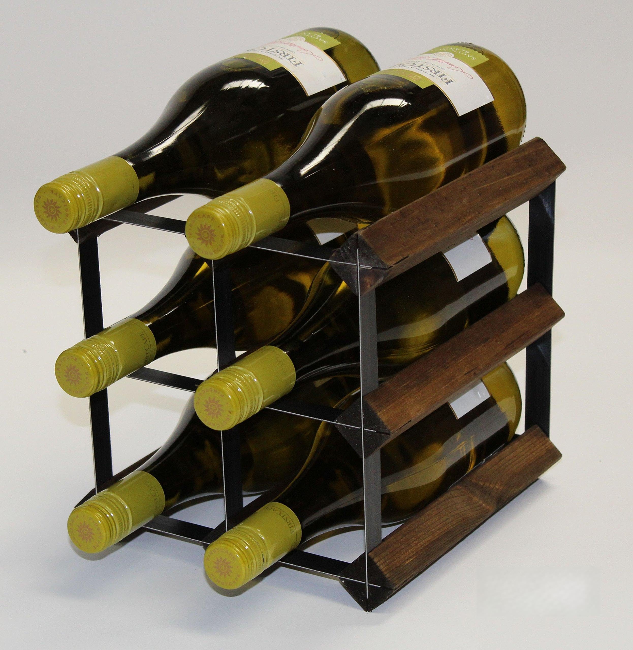 Classic 6 bottle walnut stained wood and black metal wine rack ready assembled