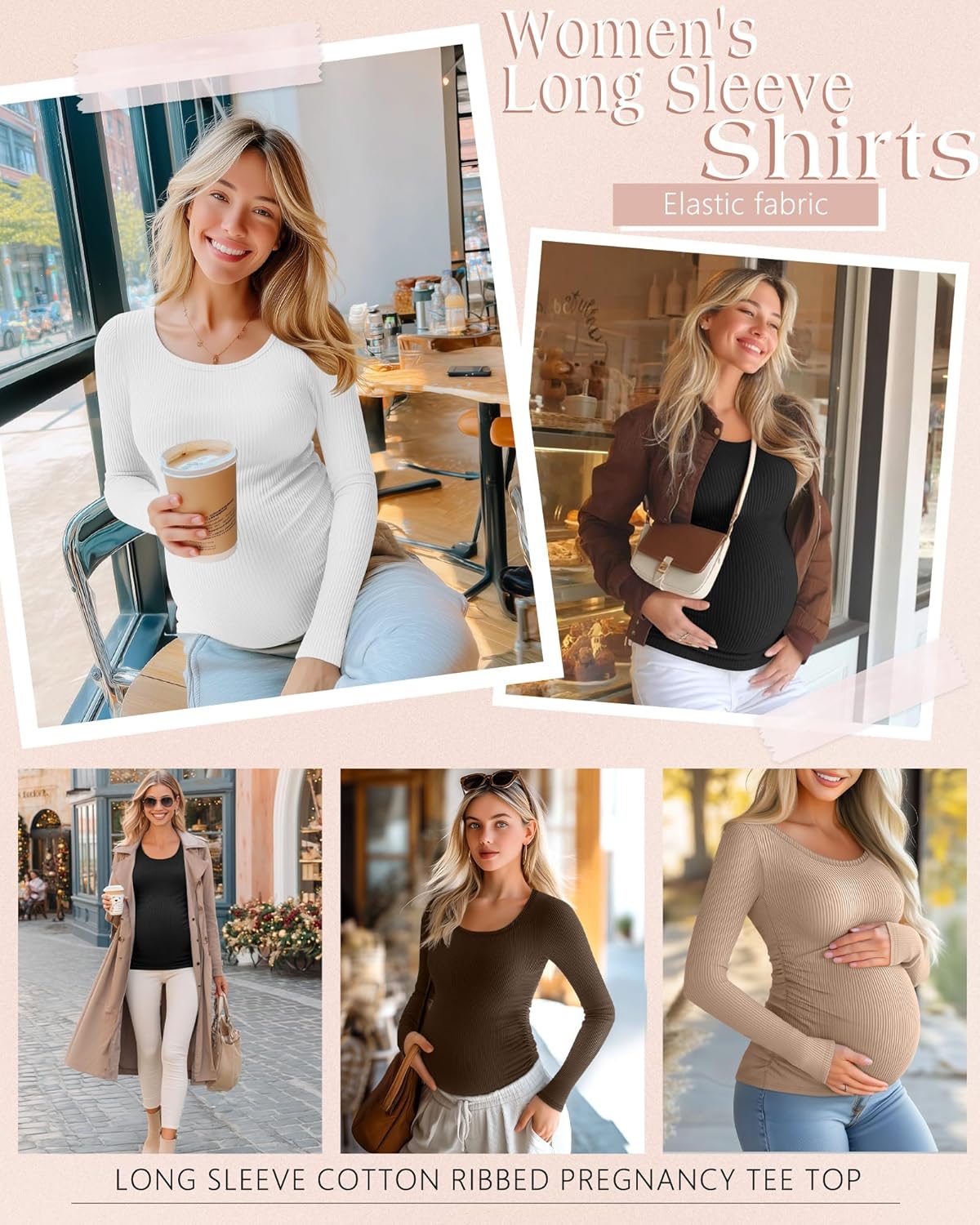 Riyiper 4 Pack Women's Maternity Shirts, Long Sleeve Cotton Ribbed Pregnancy Tee Top Crewneck Side Ruched Casual Mama Clothes - Image 2