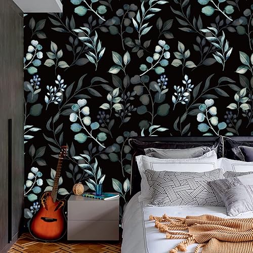 Miniatura 10 de weiseni Papel tapiz floral negro para despegar y pegar, apto para inquilinos, autoadhesivo, temporal, extraíble, de 17.7 x 118 pulgadas, para