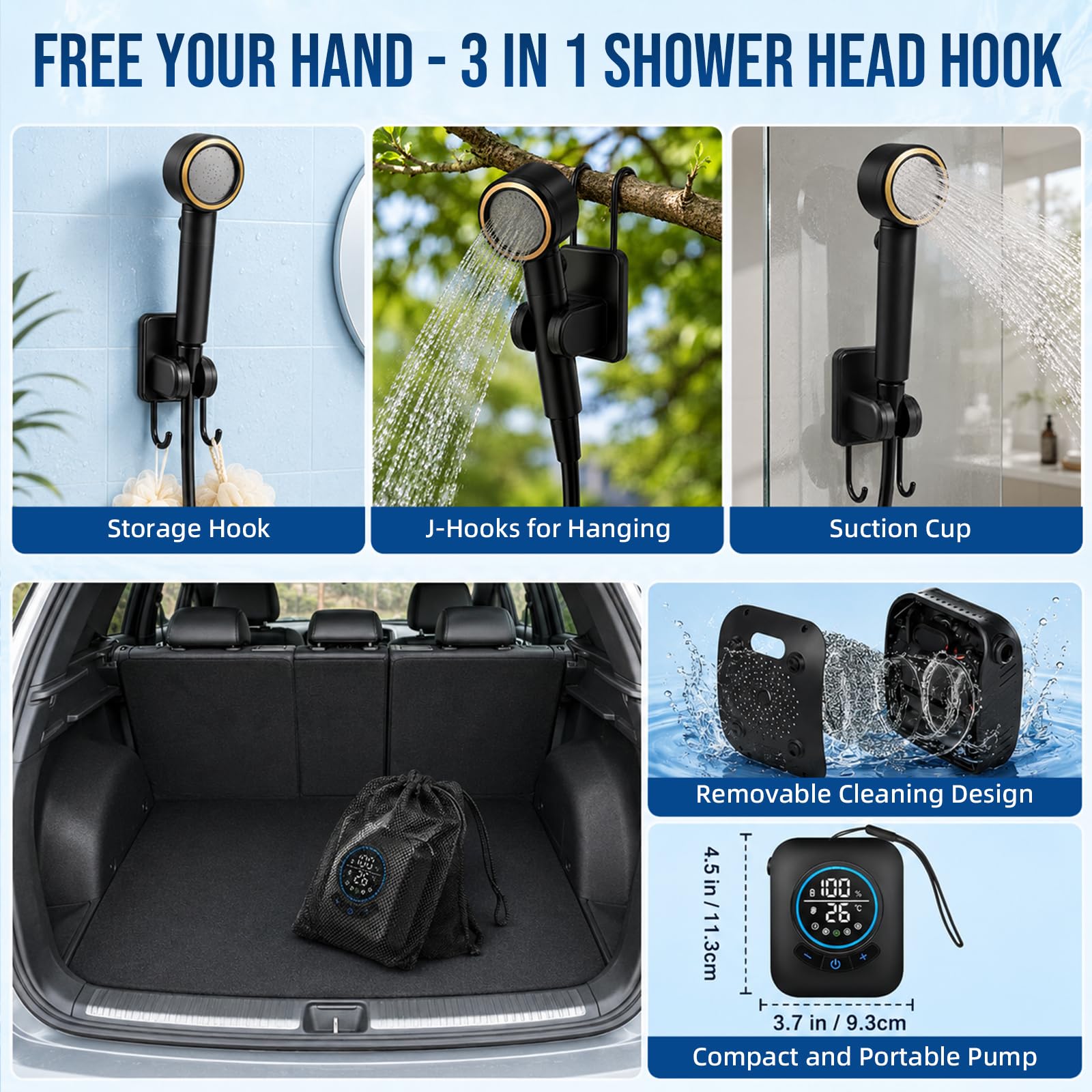 Campingdusche mit Pumpe, Campingdusche Tragbare mit 20L Klappbarer Eimer 8000mAh Camping Dusche Akku Camping Dusche Set inkl. einstellbarem Duschkopf, 2m Schlauch, Sprühpistole & Halterung