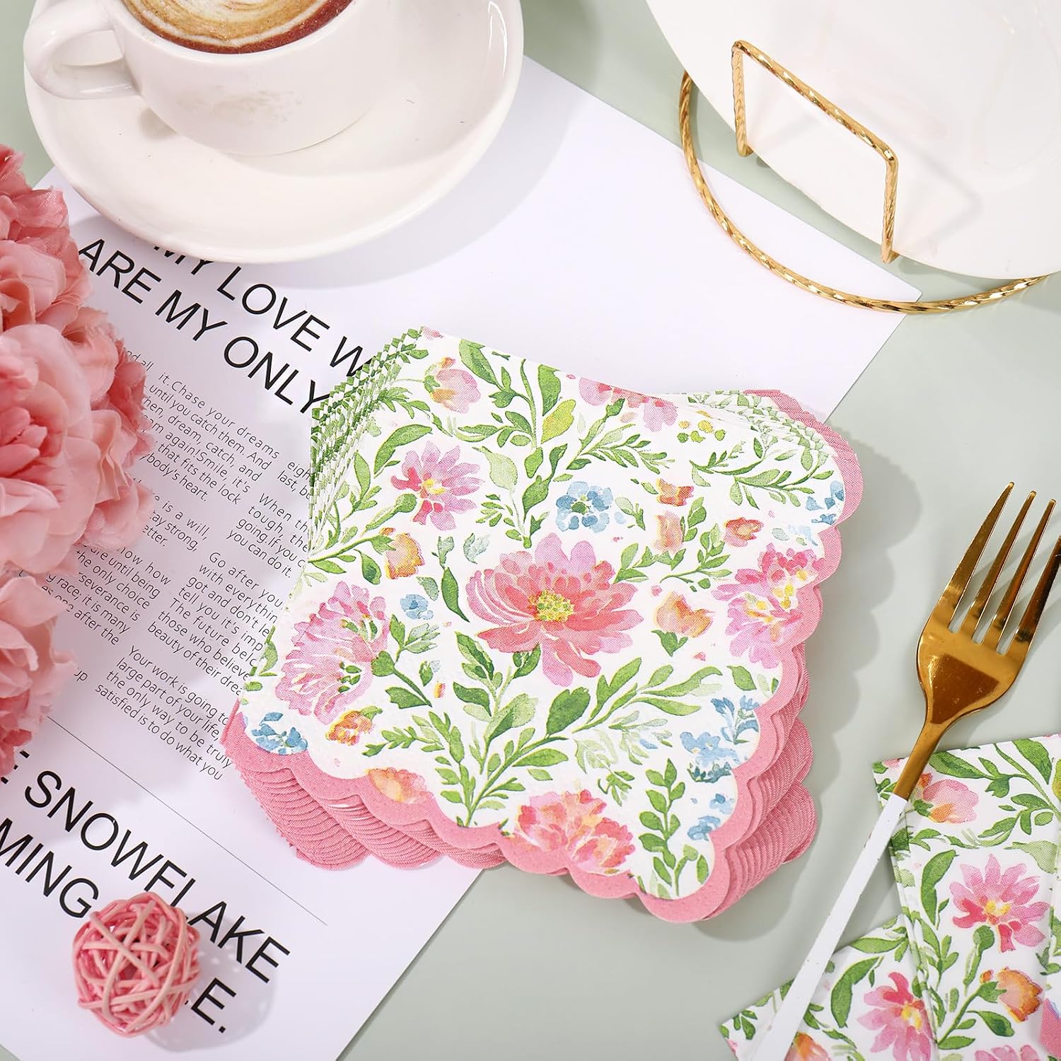 FYSUIMU 50Pcs Floral Cocktail Napkins Watercolor Pink Green Flower Disposable Paper Napkin Scalloped Beverage Napkin for Spring Wedding Birthday Party Supplies Table Decor